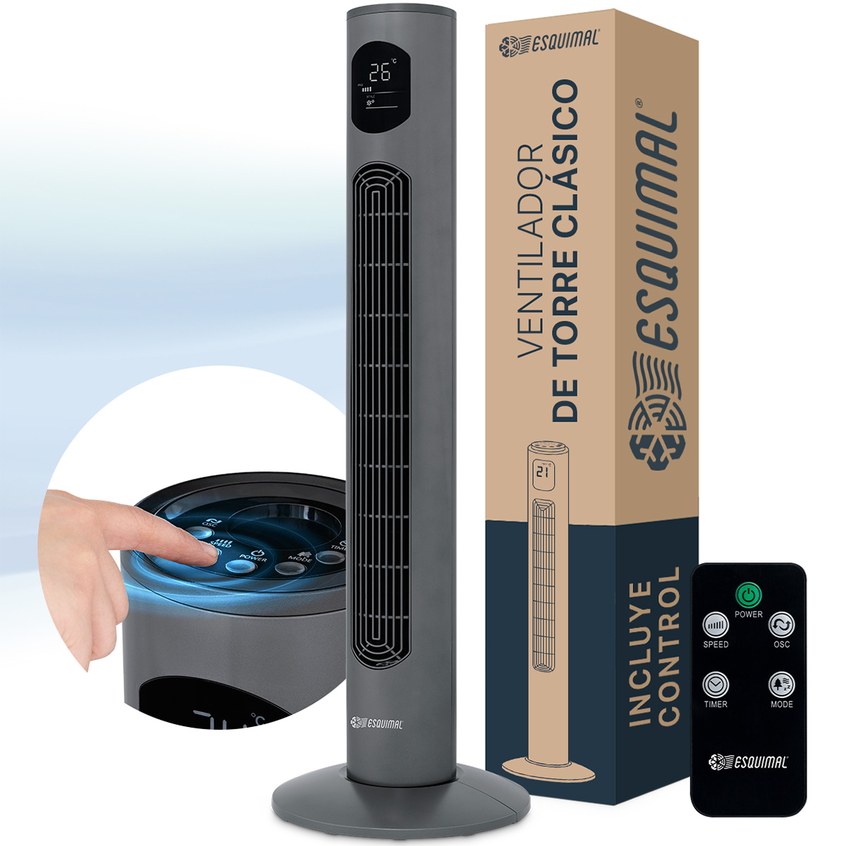 Foto 2 pulgar | Ventilador de Torre 97 cm Esquimal Silencioso Pantalla Led Oscilante 90° 3 Velocidades Temporizador 12 Hrs