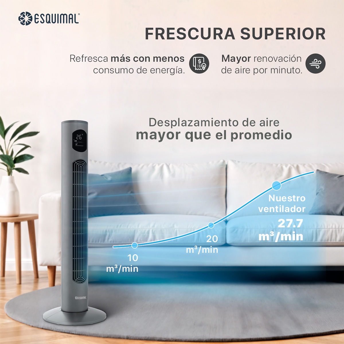 Foto 3 pulgar | Ventilador de Torre 97 cm Esquimal Silencioso Pantalla Led Oscilante 90° 3 Velocidades Temporizador 12 Hrs