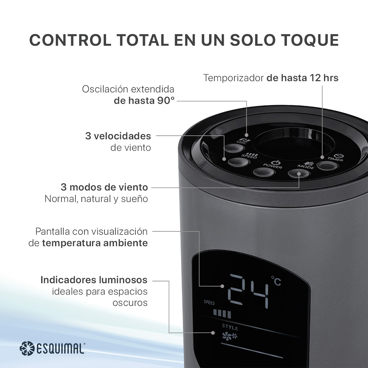 Foto 5 pulgar | Ventilador de Torre 97 cm Esquimal Silencioso Pantalla Led Oscilante 90° 3 Velocidades Temporizador 12 Hrs