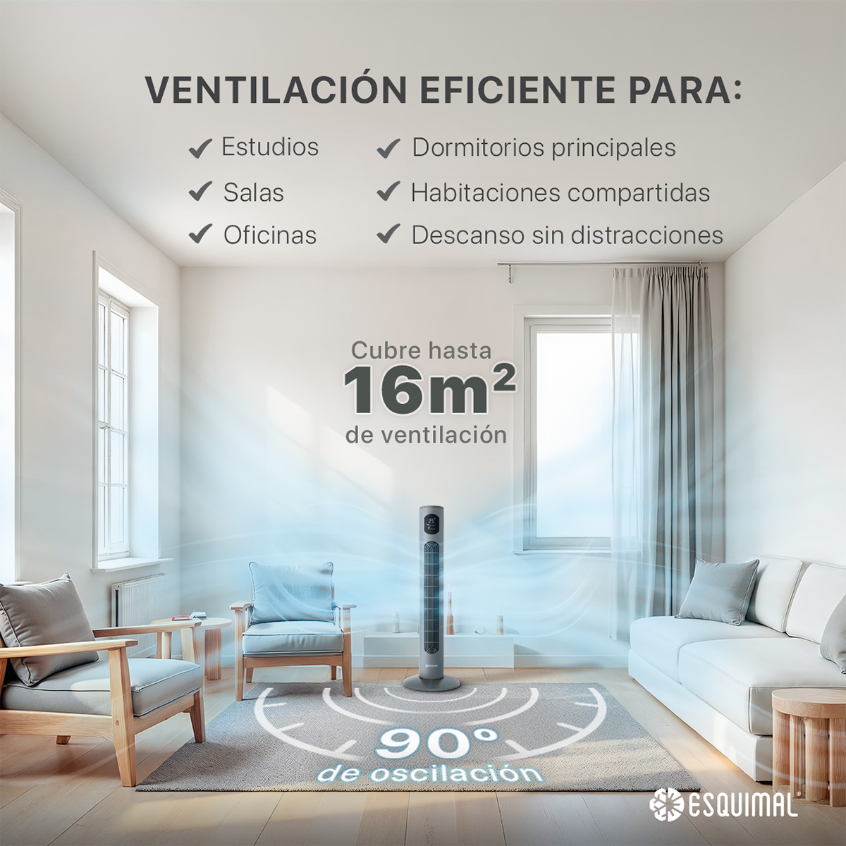 Foto 6 pulgar | Ventilador de Torre 97 cm Esquimal Silencioso Pantalla Led Oscilante 90° 3 Velocidades Temporizador 12 Hrs