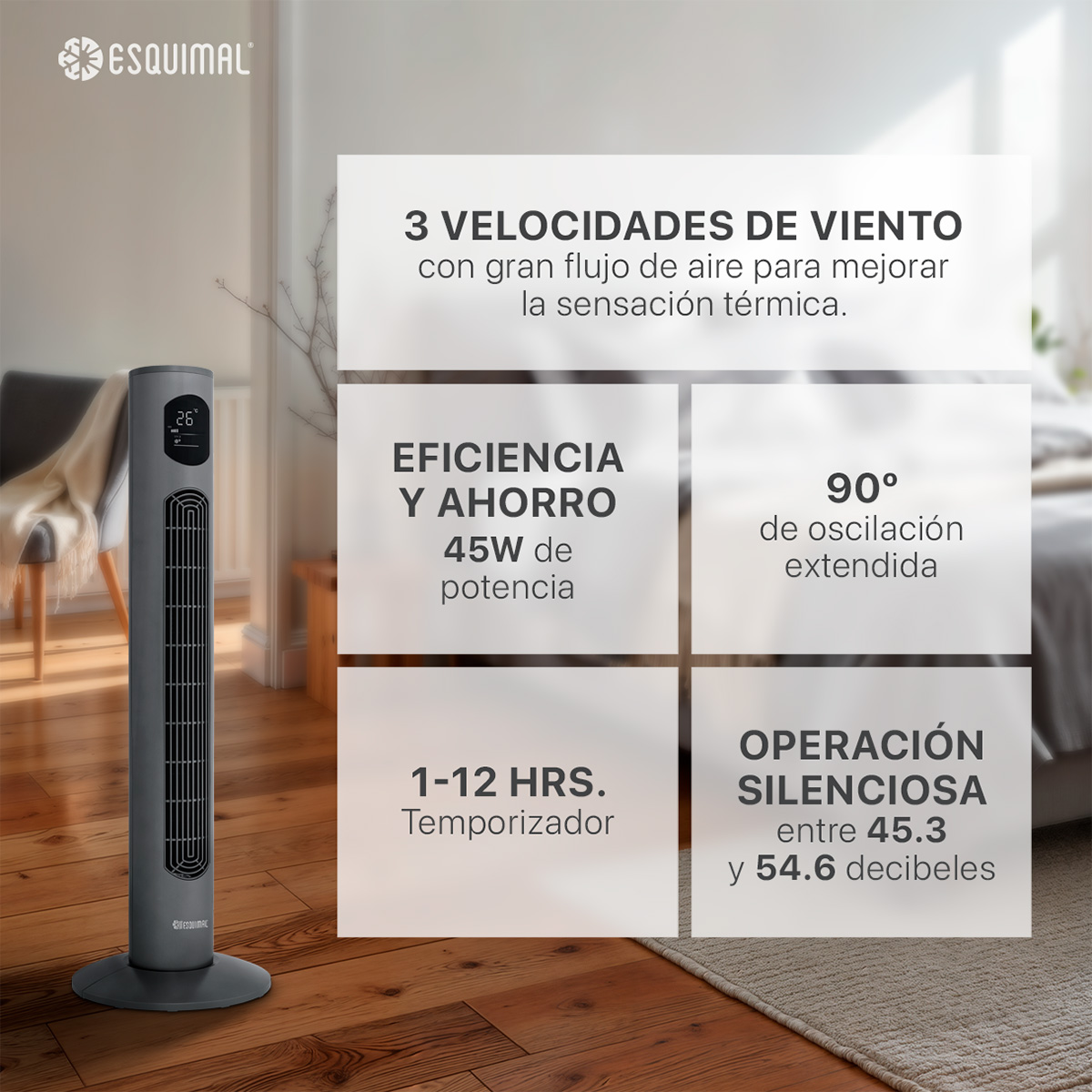 Foto 7 pulgar | Ventilador de Torre 97 cm Esquimal Silencioso Pantalla Led Oscilante 90° 3 Velocidades Temporizador 12 Hrs