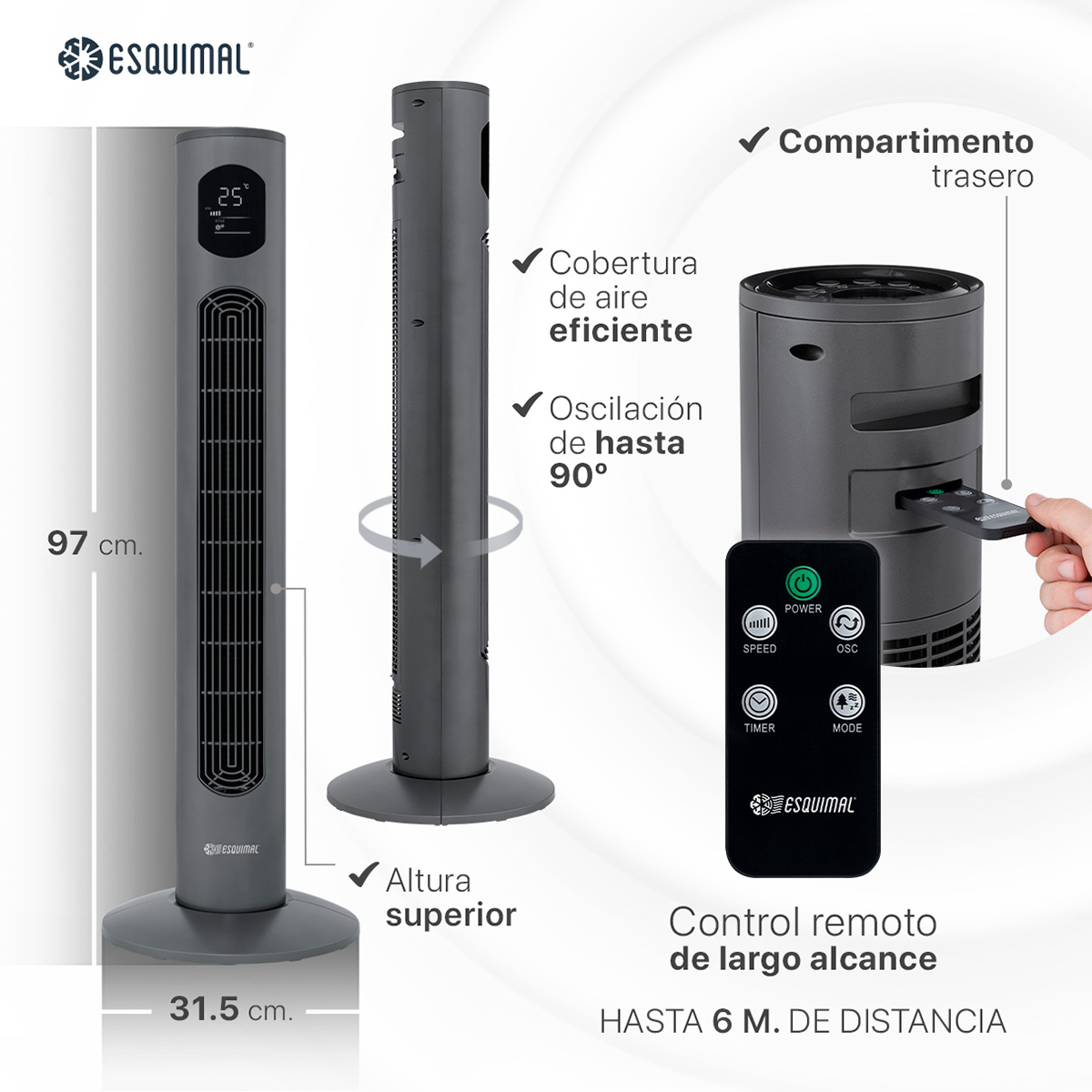 Foto 8 pulgar | Ventilador de Torre 97 cm Esquimal Silencioso Pantalla Led Oscilante 90° 3 Velocidades Temporizador 12 Hrs