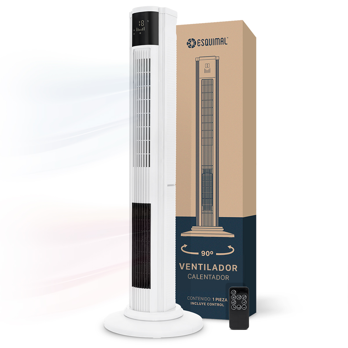 Ventilador Calentador De Torre 2 En 1 Esquimal, Climatizador De Aire Giratorio,temporizador Y Control Remoto, Blanco
