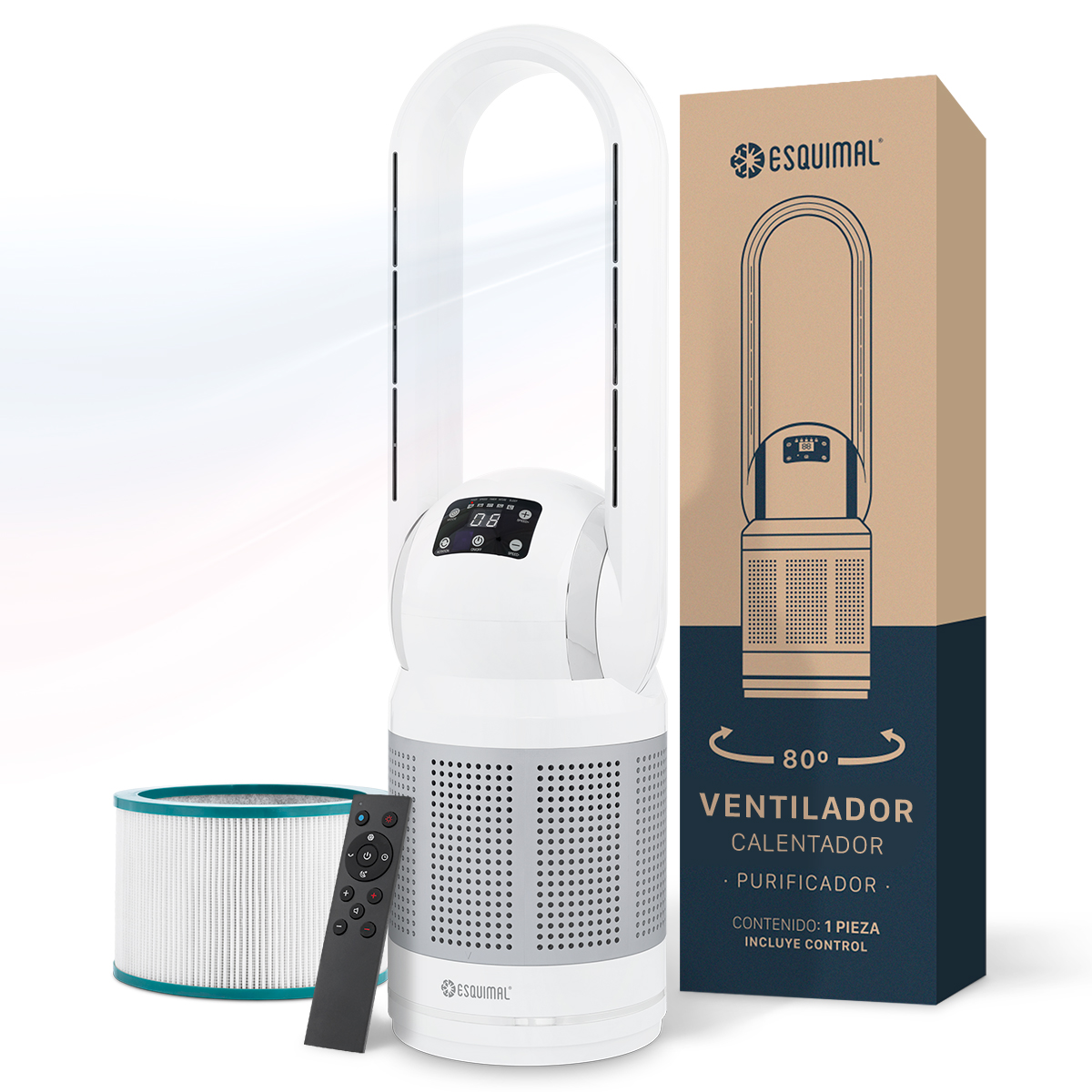 Ventilador Calentador Purificador 3 En 1 Esquimal, Sin Aspas, Silencioso, Mediano, Plateado - Blanco