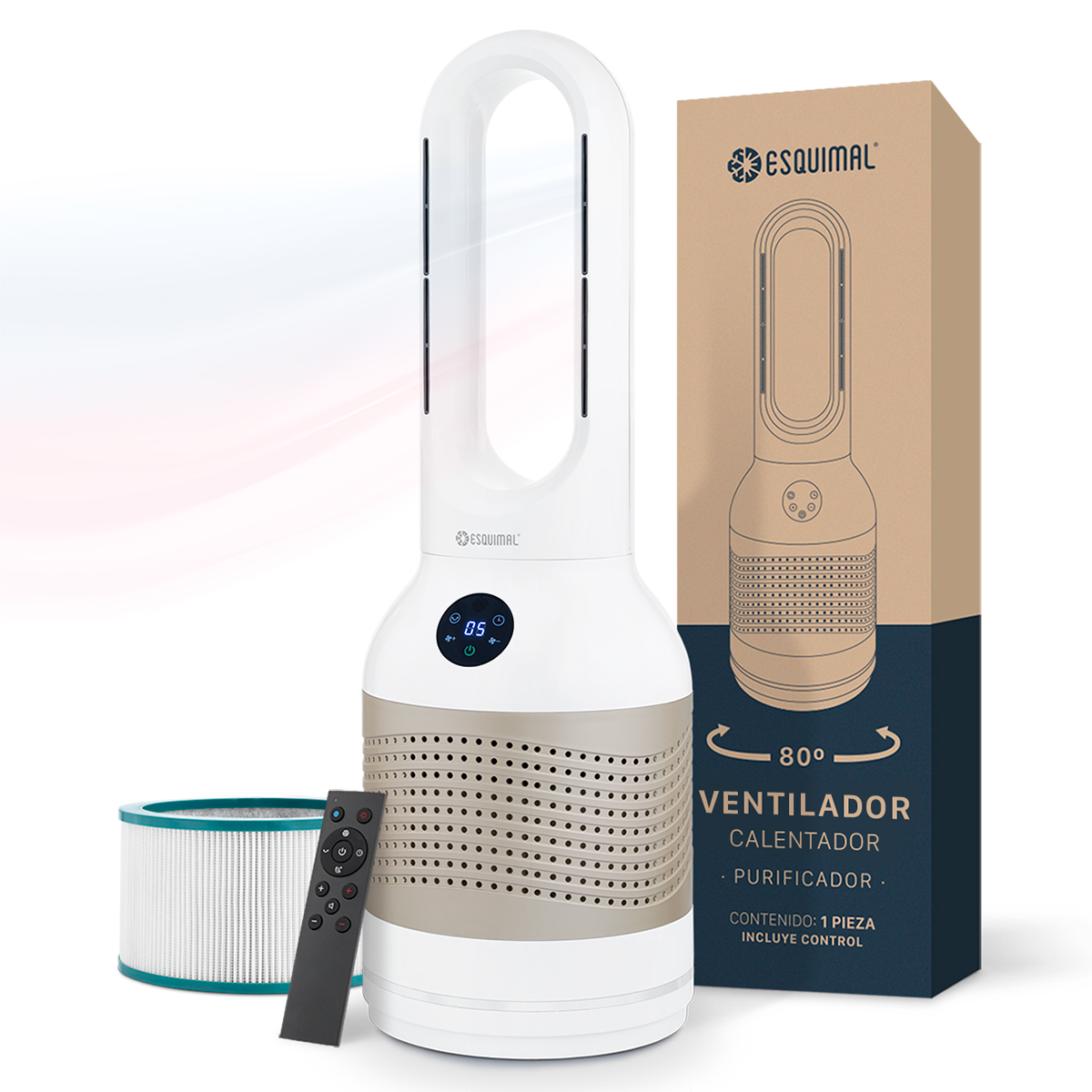 Ventilador Calentador Purificador 3 En 1 Esquimal, Sin Aspas, Silencioso, Chico, Dorado - Blanco