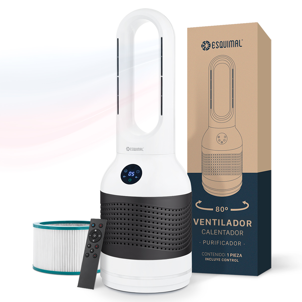 Ventilador Calentador Purificador 3 En 1 Esquimal, Sin Aspas, Silencioso, Chico, Gris - Blanco