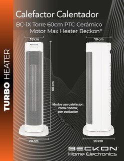 Foto 4 | Calefactor Calentador Eléctrico Cerámico Ptc 60cm 750w / 1500w Beckon