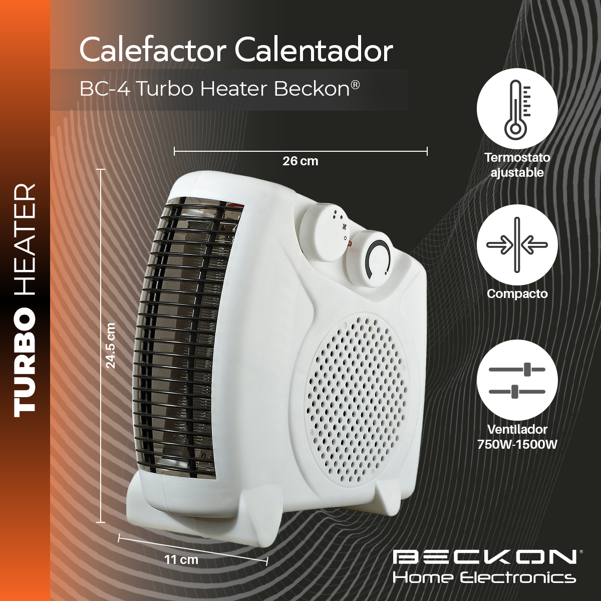 Foto 6 pulgar | Calefactor Calentador Eléctrico 26cm Con Termostato 750w / 1500w Beckon