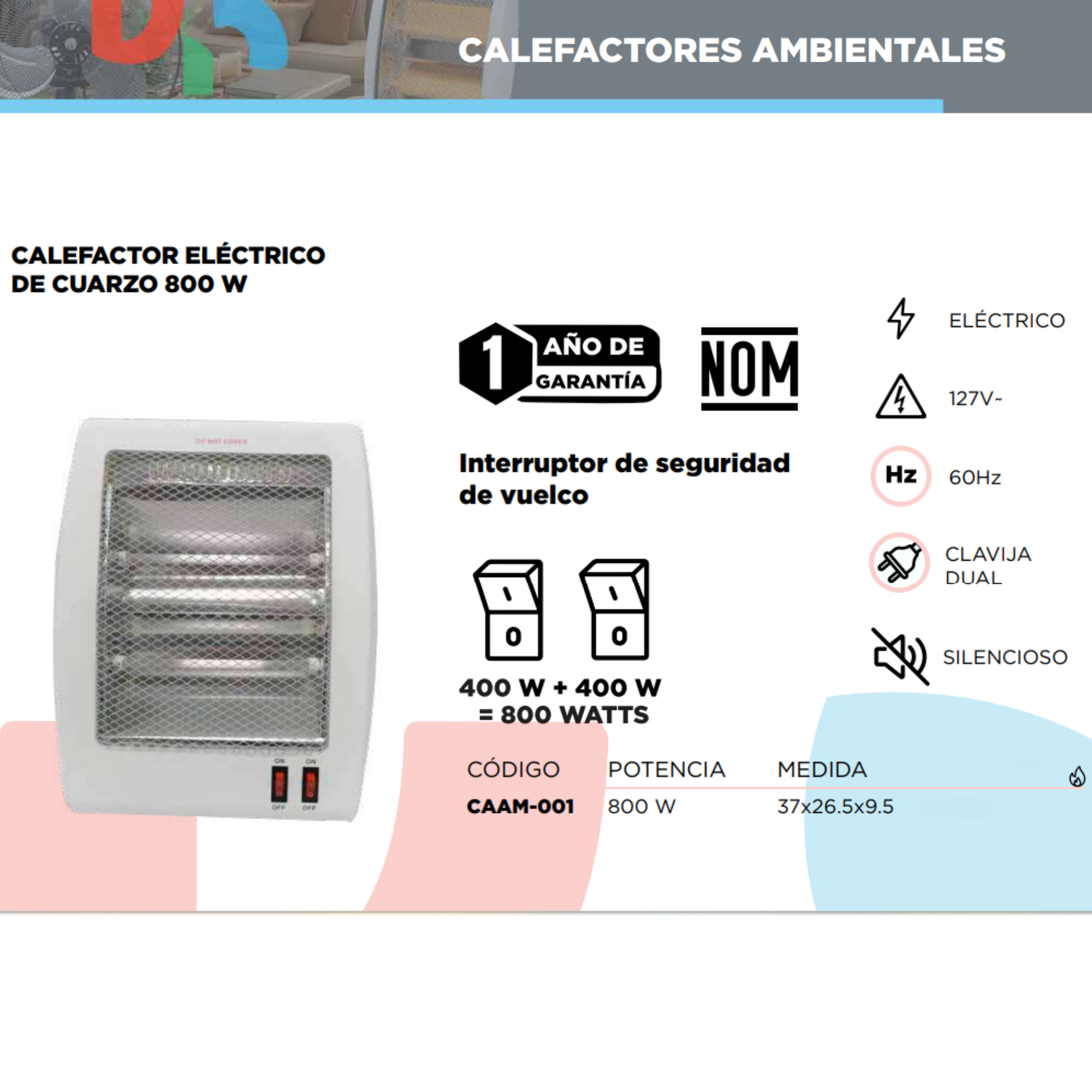 Foto 4 pulgar | Calefator Eléctrico De Cuarzo 800w, Calentador Eléctrico, 127v, Interruptor De Seguridad, Compacto, Potente Y Seguro