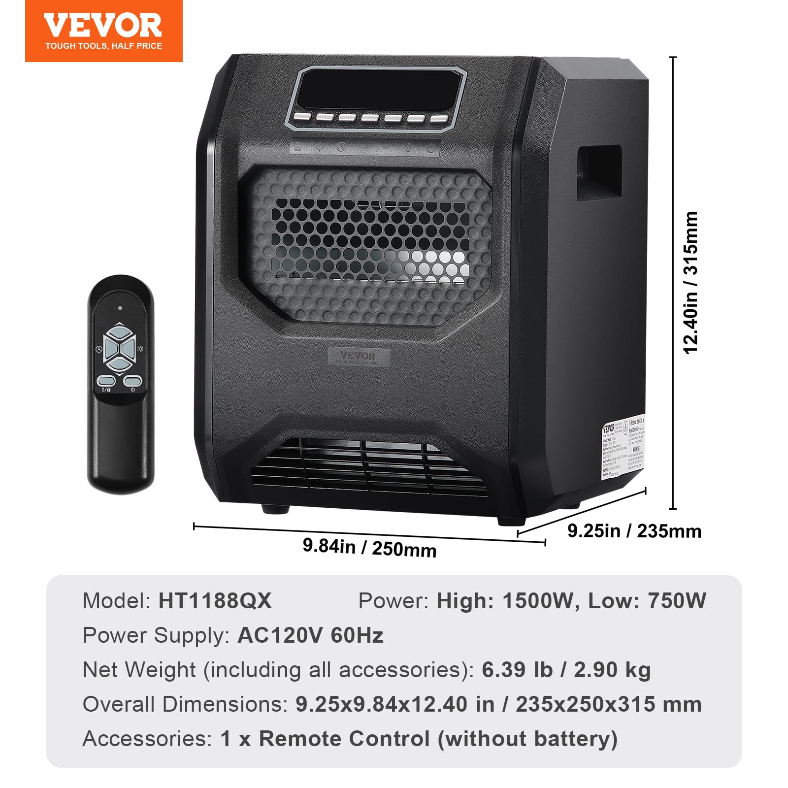 Foto 8 pulgar | Calentador Infrarrojo Vevor 1500w Teledirigido 1500w - Venta Internacional.