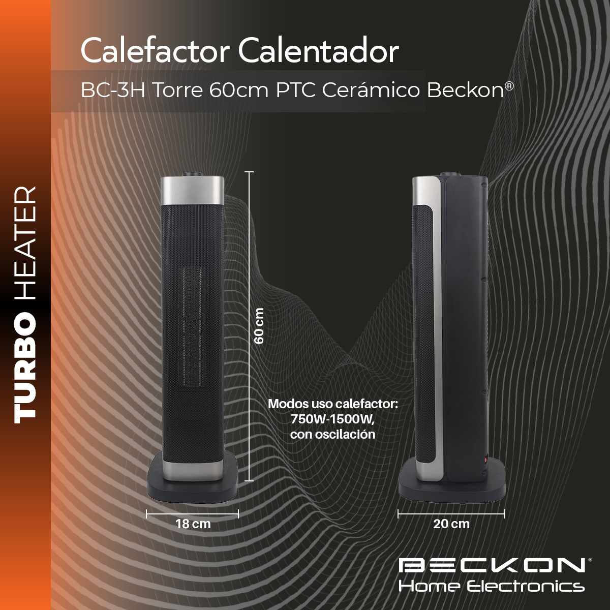 Foto 5 pulgar | Calefactor Calentador Eléctrico Cerámico Ptc De Torre Beckon 60 Cm De Alto Turbo Heater 750w / 1500w