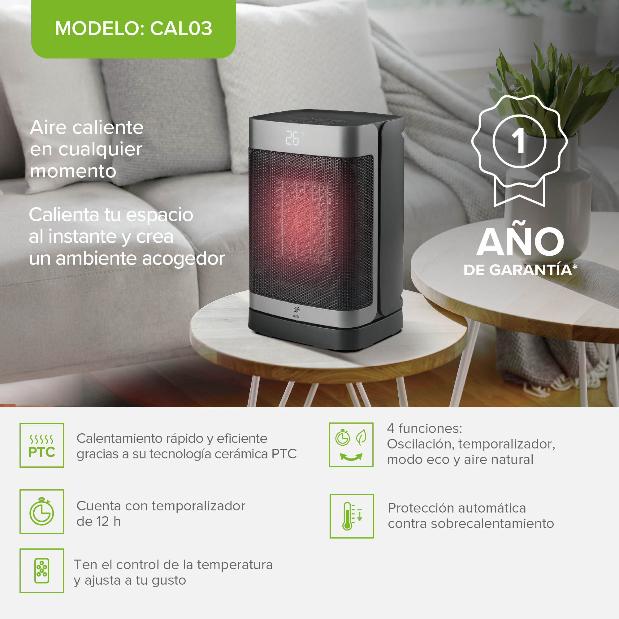 Foto 2 | Calefactor Electrónico de Cerámica Portátil Avera con Control Remoto