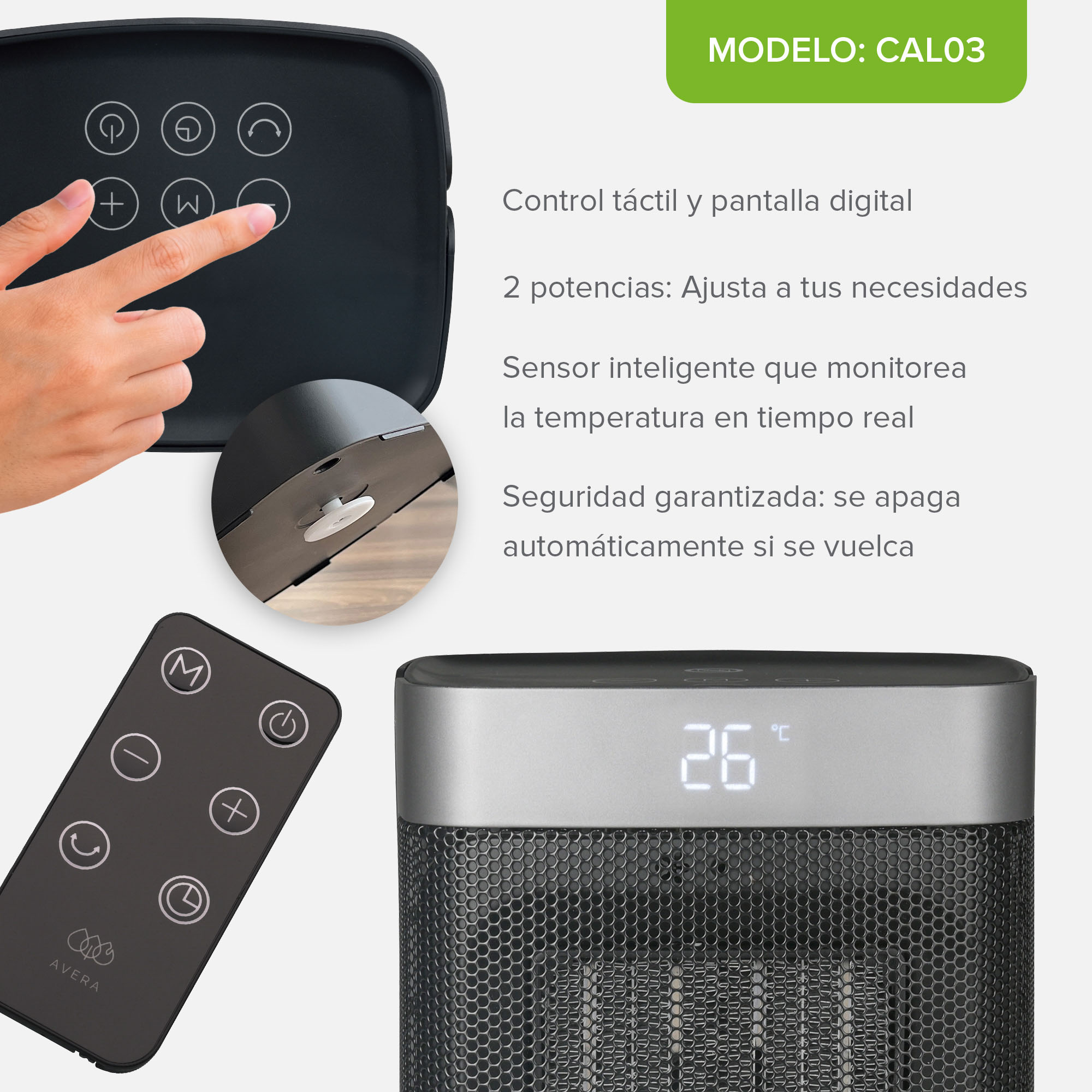 Foto 3 | Calefactor Electrónico de Cerámica Portátil Avera con Control Remoto
