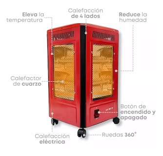 Foto 4 | Calentador 4 Lados Good Home De Cuarzo 2000w Con Ruedas Rojo