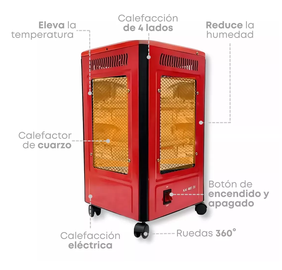 Foto 4 | Calentador 4 Lados Good Home De Cuarzo 2000w Con Ruedas Rojo