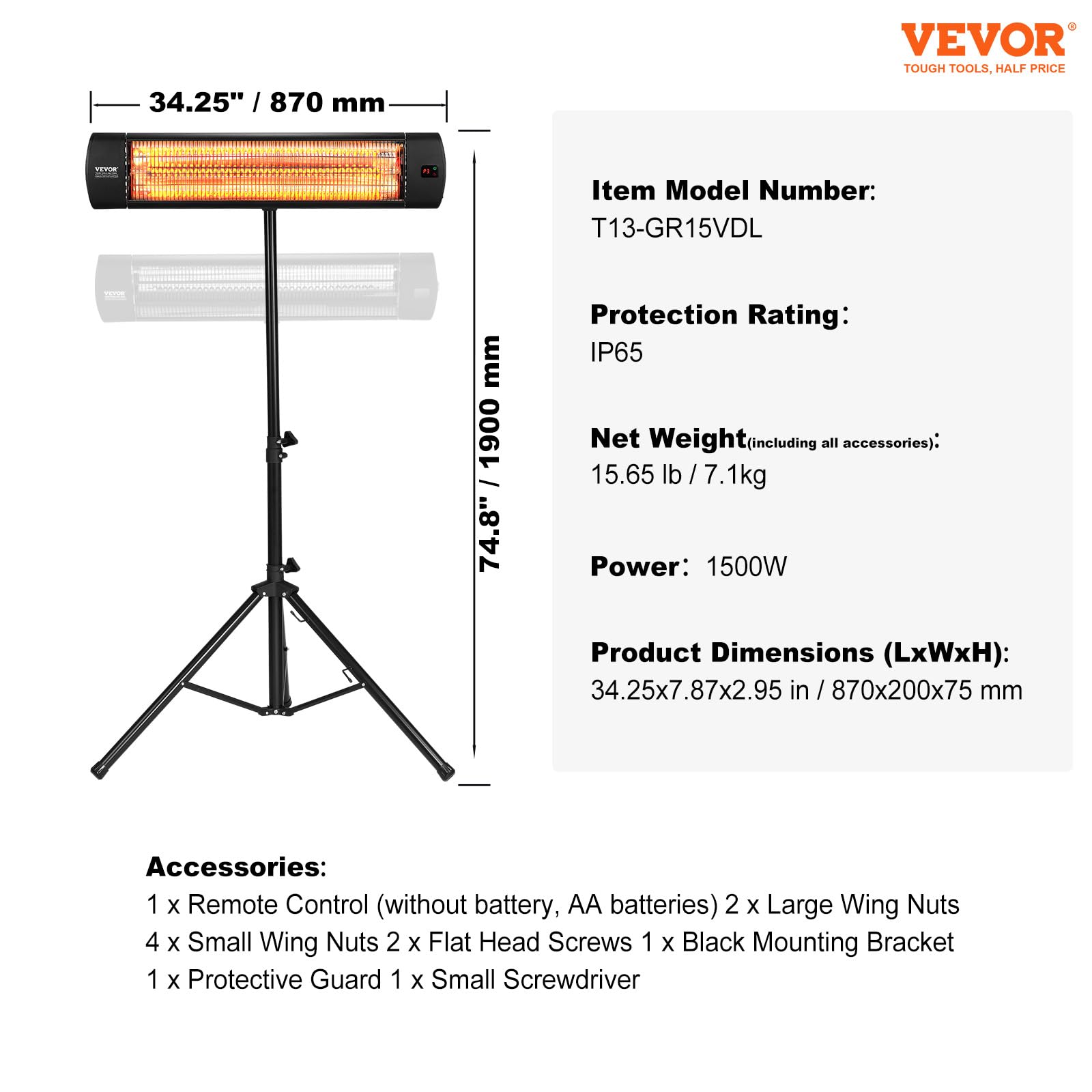 Foto 8 pulgar | Calentador Infrarrojo Vevor De 1500 W Con Mando A Distancia Led, 34 Cm, Con Soporte - Venta Internacional.