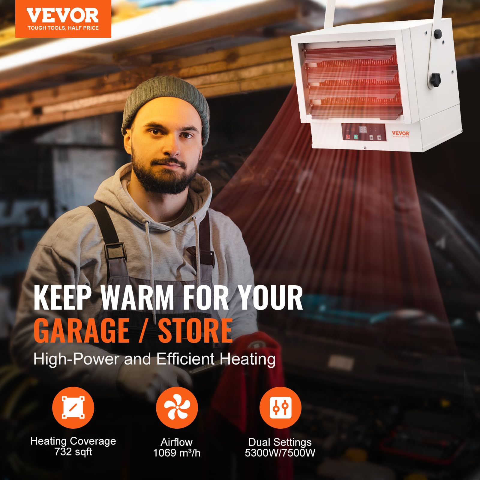 Foto 3 pulgar | Calentador Eléctrico De Garaje Vevor 7500w, 732 Pies Cuadrados, Temporizador De 9 Horas - Venta Internacional.