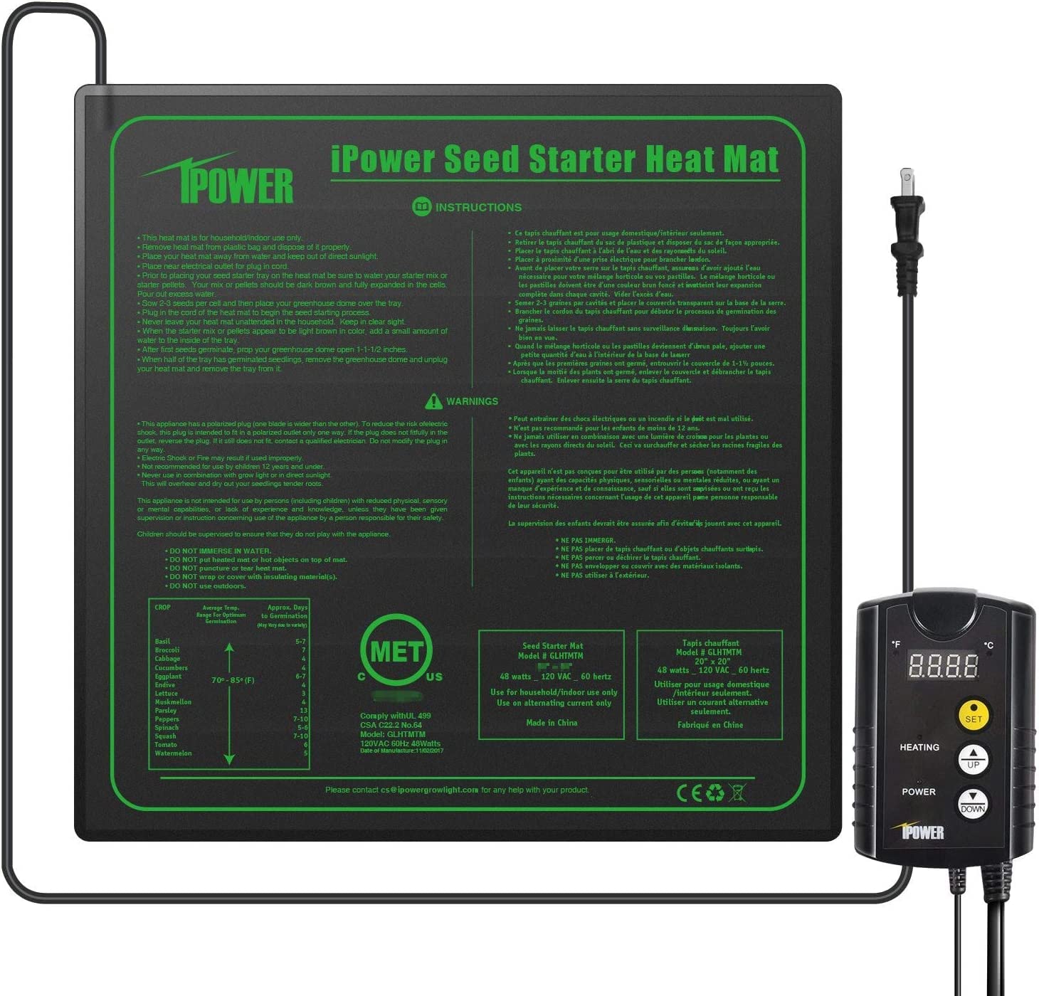 Foto 2 pulgar | Alfombrilla Térmica Para Plántulas Hidropónicas Ipower De 20 X 20 Cm Con Termostato - Venta Internacional.