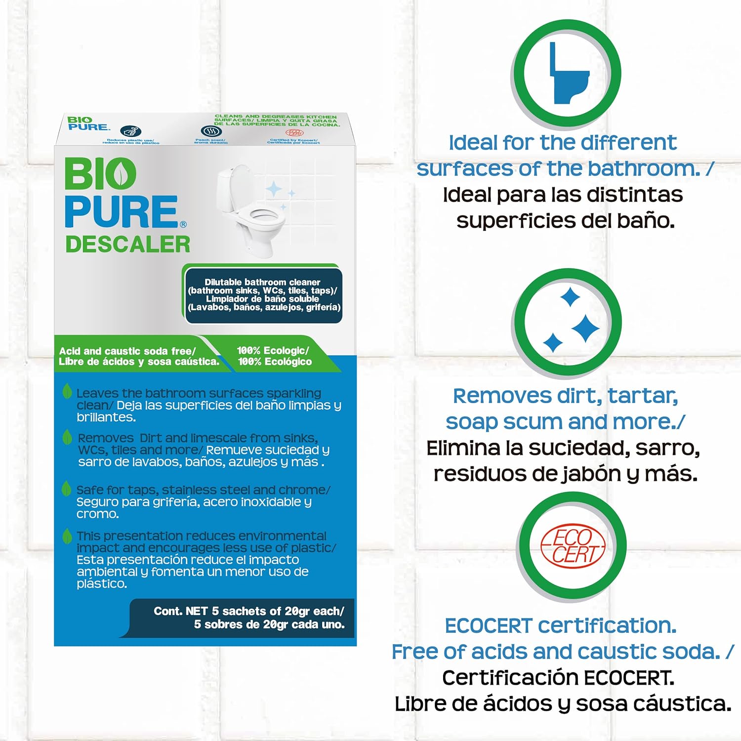 Foto 5 pulgar | Bioupure - Sachtes Solubles Limpieza Para Baños-elimina Suciedad Y Sarro En Distintas Superficies Del Baño, Gr