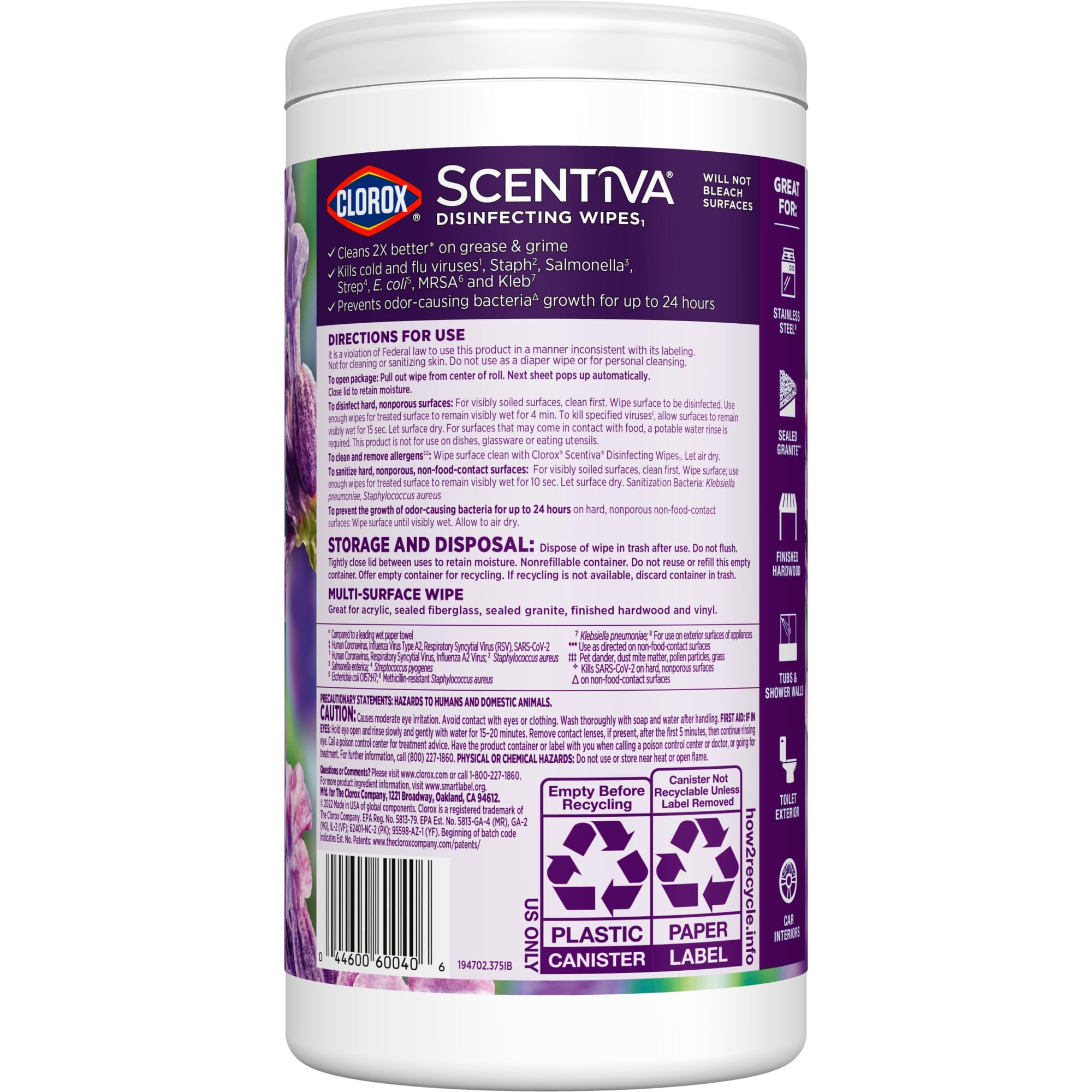 Foto 5 pulgar | Toallitas Desinfectantes Clorox Scentiva Lavanda Toscana Sin Lejía - Venta Internacional.