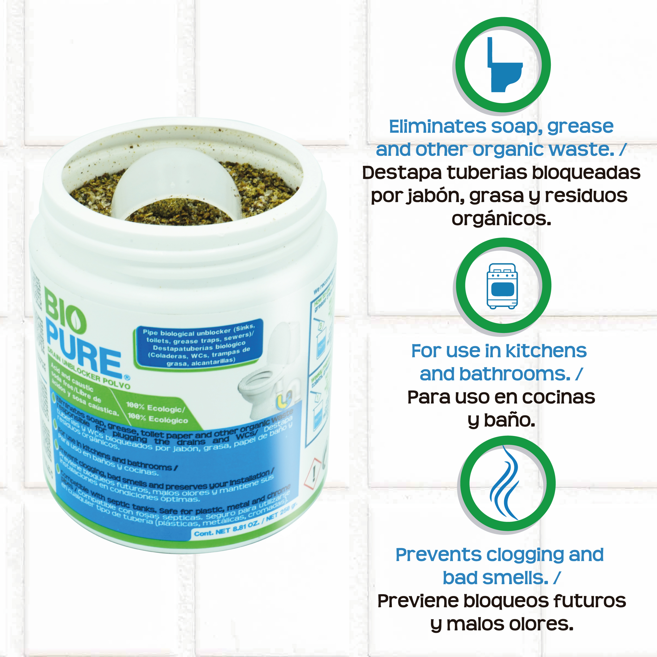 Foto 4 pulgar | Polvo Destapacaños Biopure  Drain Unblocker Tarro 250 g