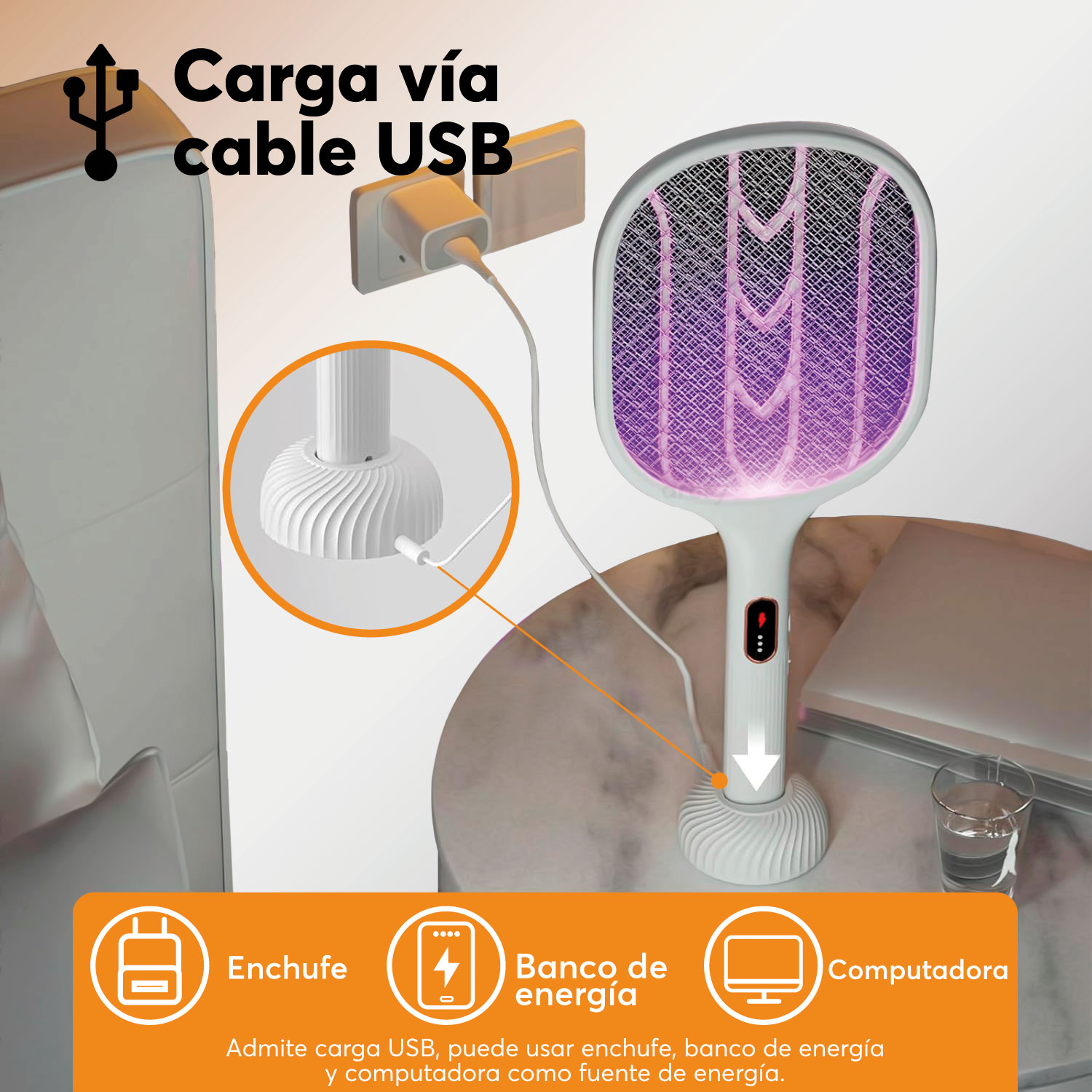 Foto 5 pulgar | Archy Raqueta Mosquitos Electrica Base Recargable 3000 V Mata Moscos Repelente Insectos Electrico Mata Moscas