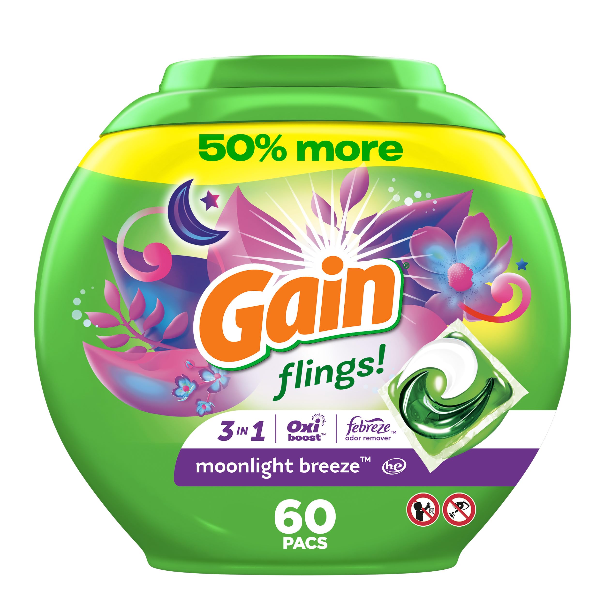 Foto 1 | Jabón y Detergente para Ropa Gain Flings! Moonlight Breeze 1 Frasco con 60 Piezas - Venta Internacional