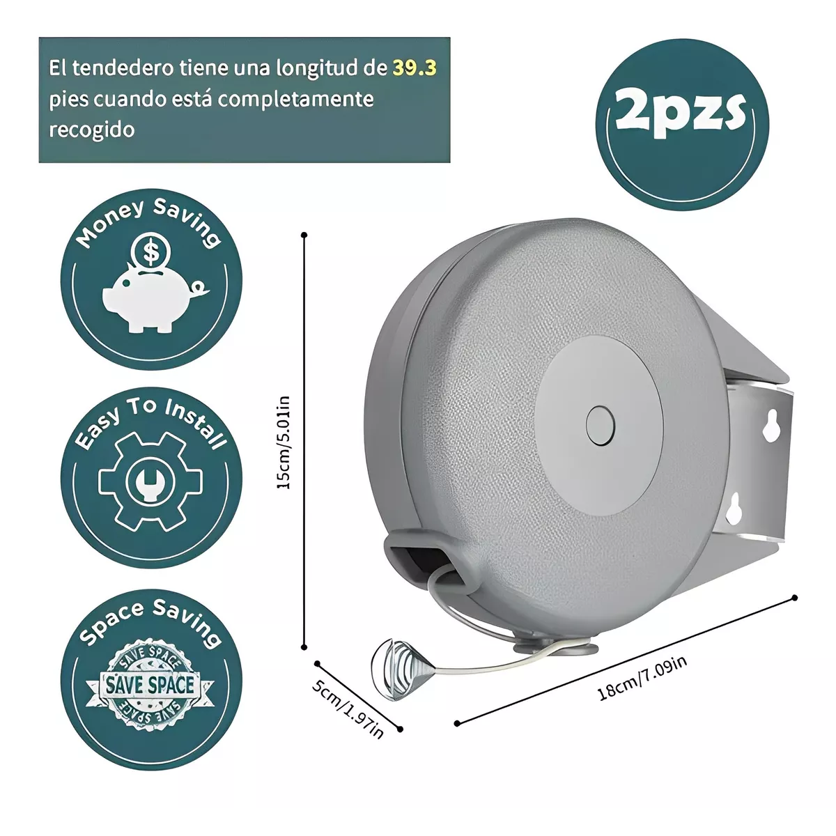 Foto 4 pulgar | 2 Tendedero Retráctil Plegable Para Interior Y Exterior 24m Eo Safe Imports Esi-15045 Gris