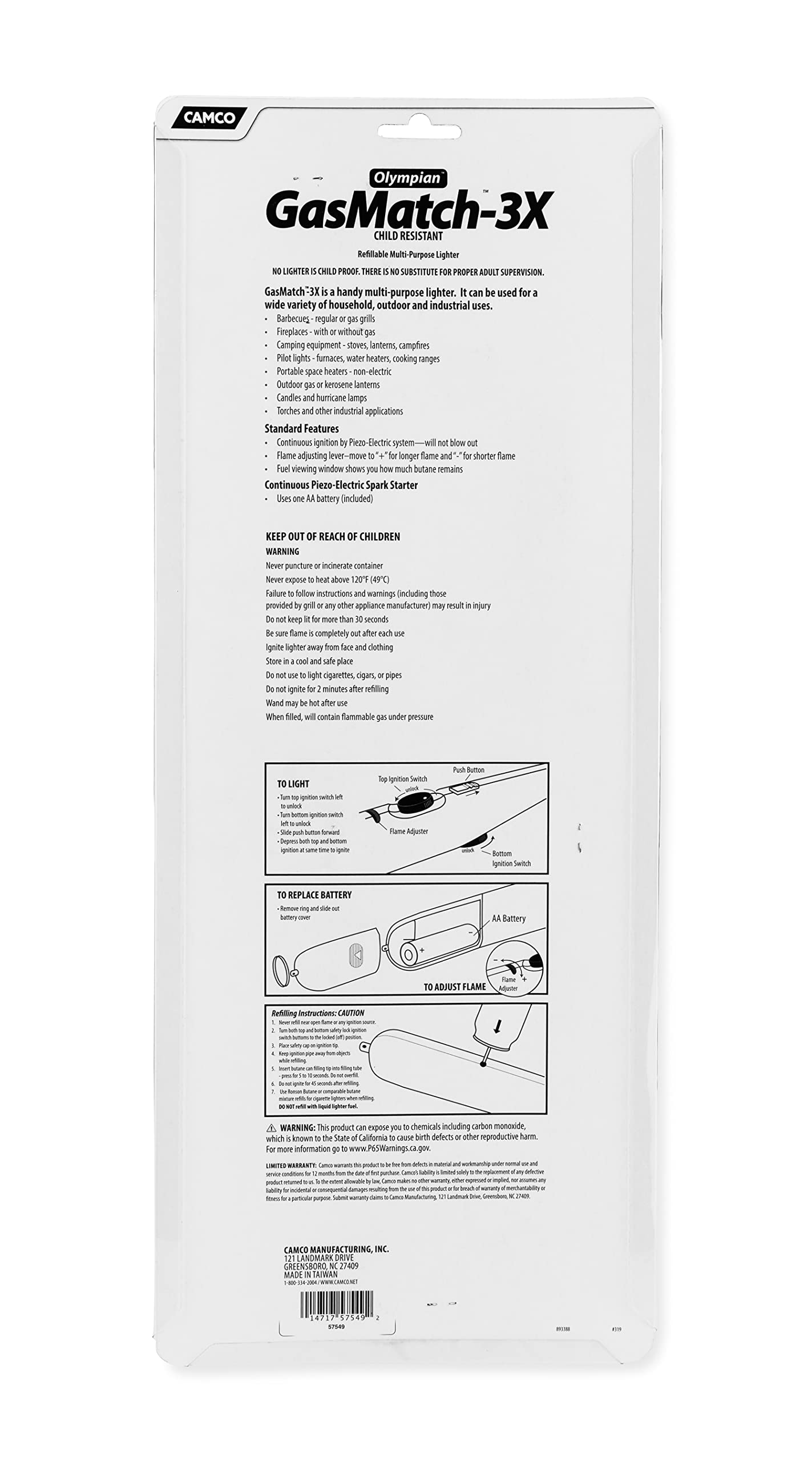 Foto 7 | Gas Match Camco Olympian Gm-3x Ajustable A Prueba De Fuego Y Viento - Venta Internacional.