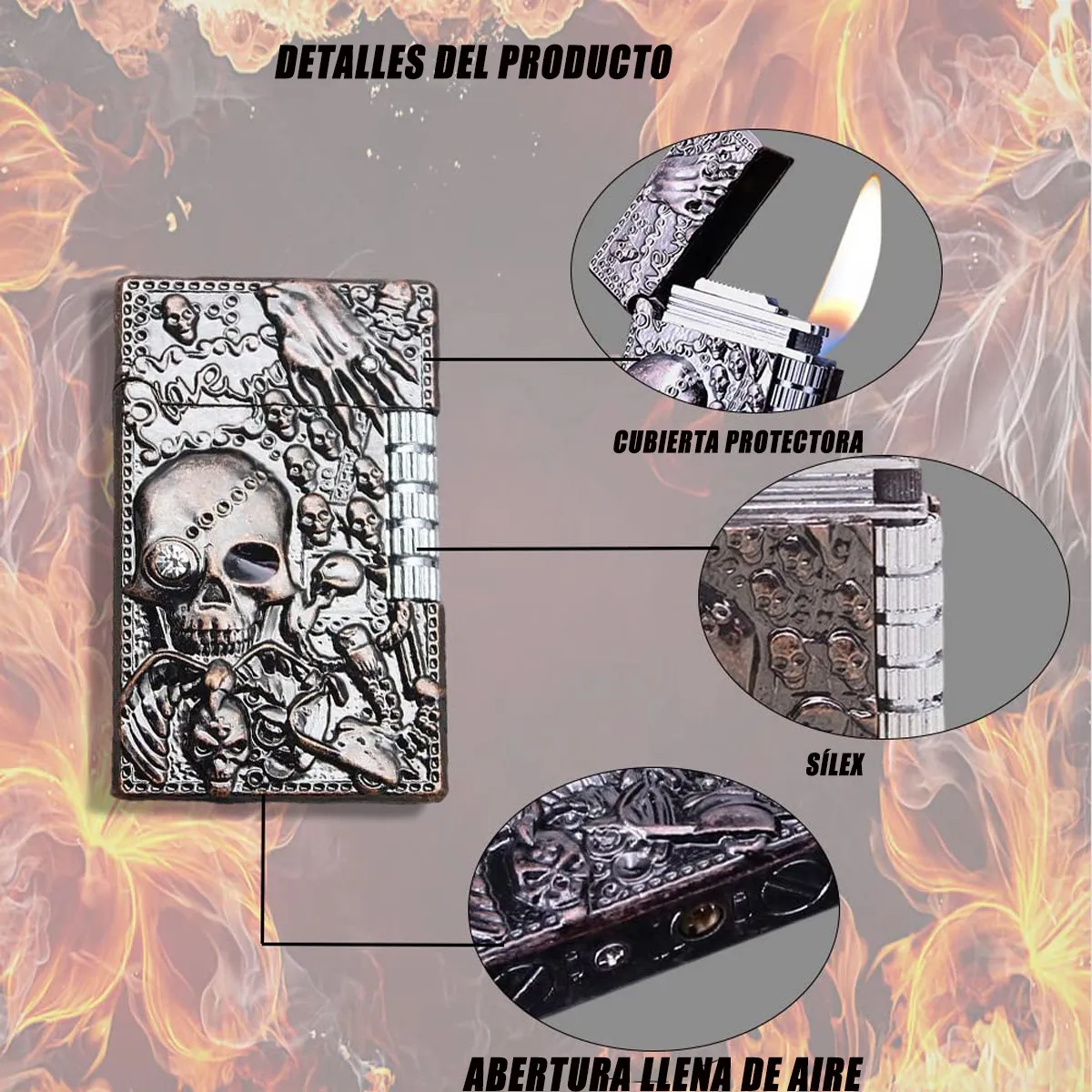 Foto 4 | ''2pz Encendedor Metálico Recargable Pedernal Vintage Calavera ''