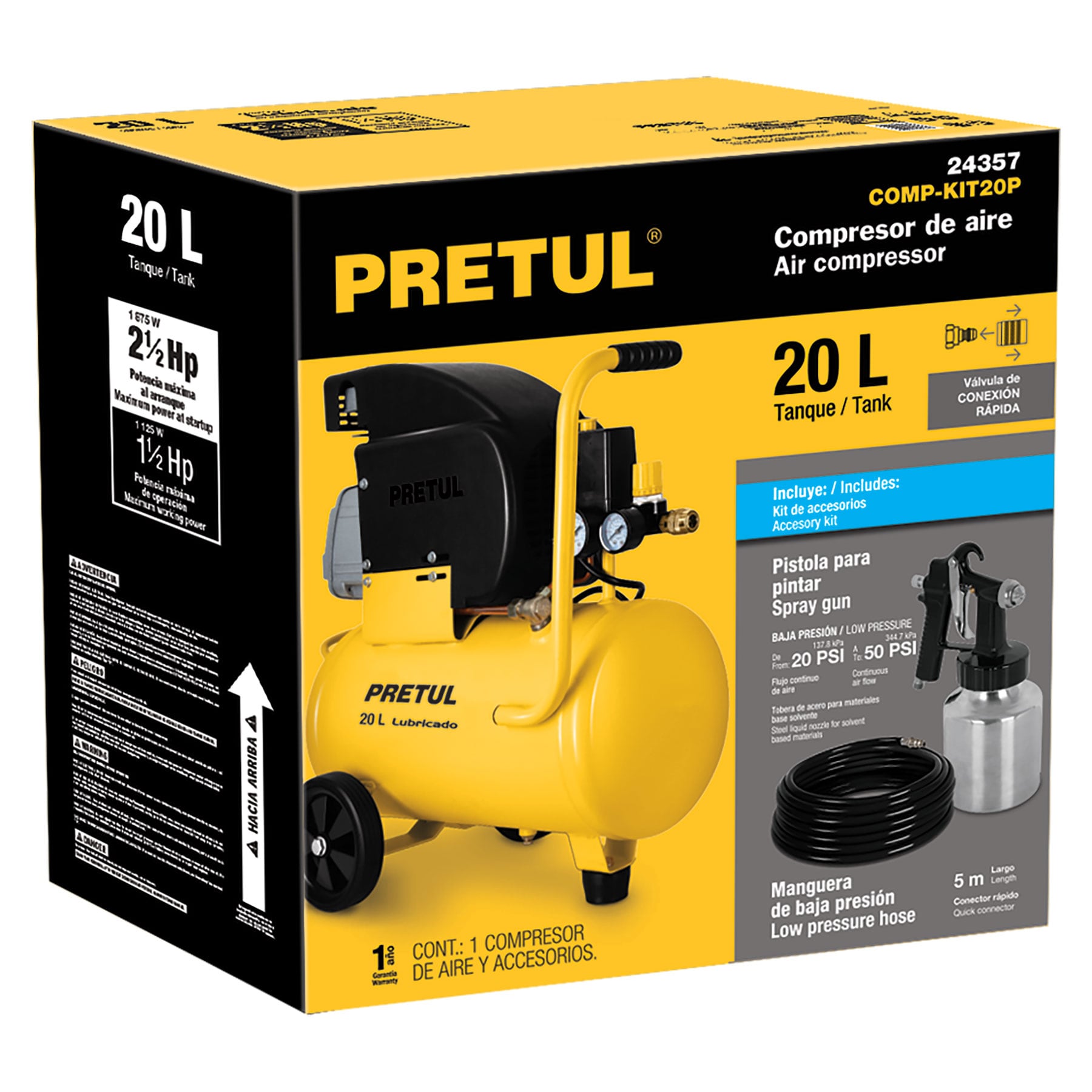 Foto 4 pulgar | Kit de Compresor Pretul 24357 color Amarillo de 20l 2-1/2 Hp Incluye Manguera Pvc y Pistola