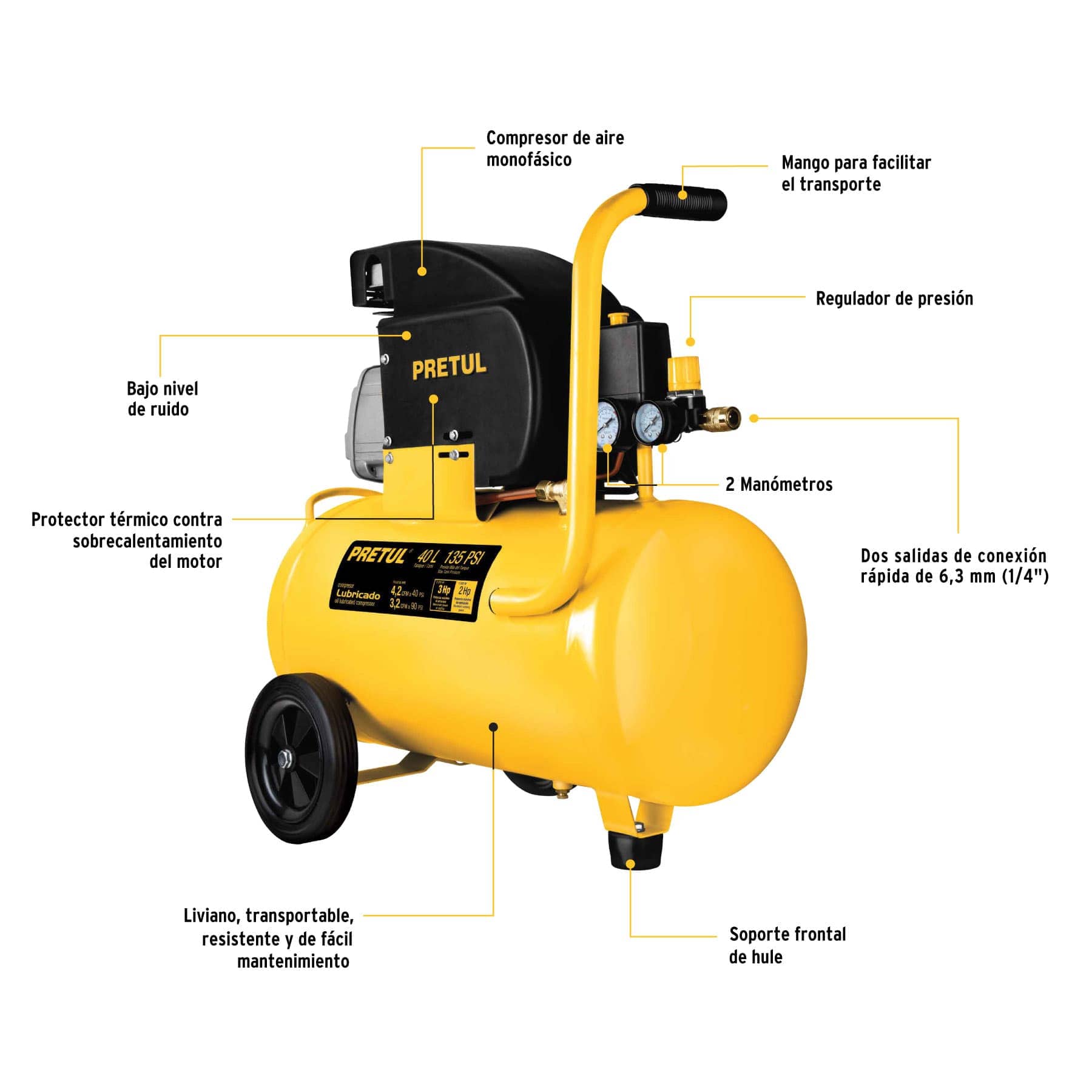 Foto 3 pulgar | Compresor B de 40 L Pretul 23066 color Amarillo de 3 HP Potencia Máxima de 127 V