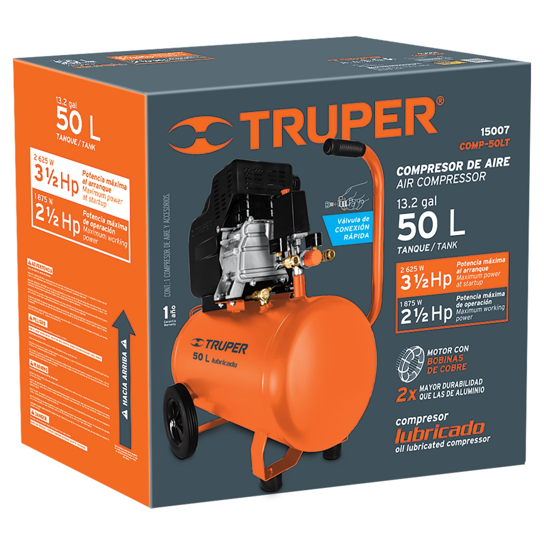 Foto 2 | Compresor Truper 15007 color Naranja Horizontal 50L 3-1/2 HP Potencia Máxima de 127 V