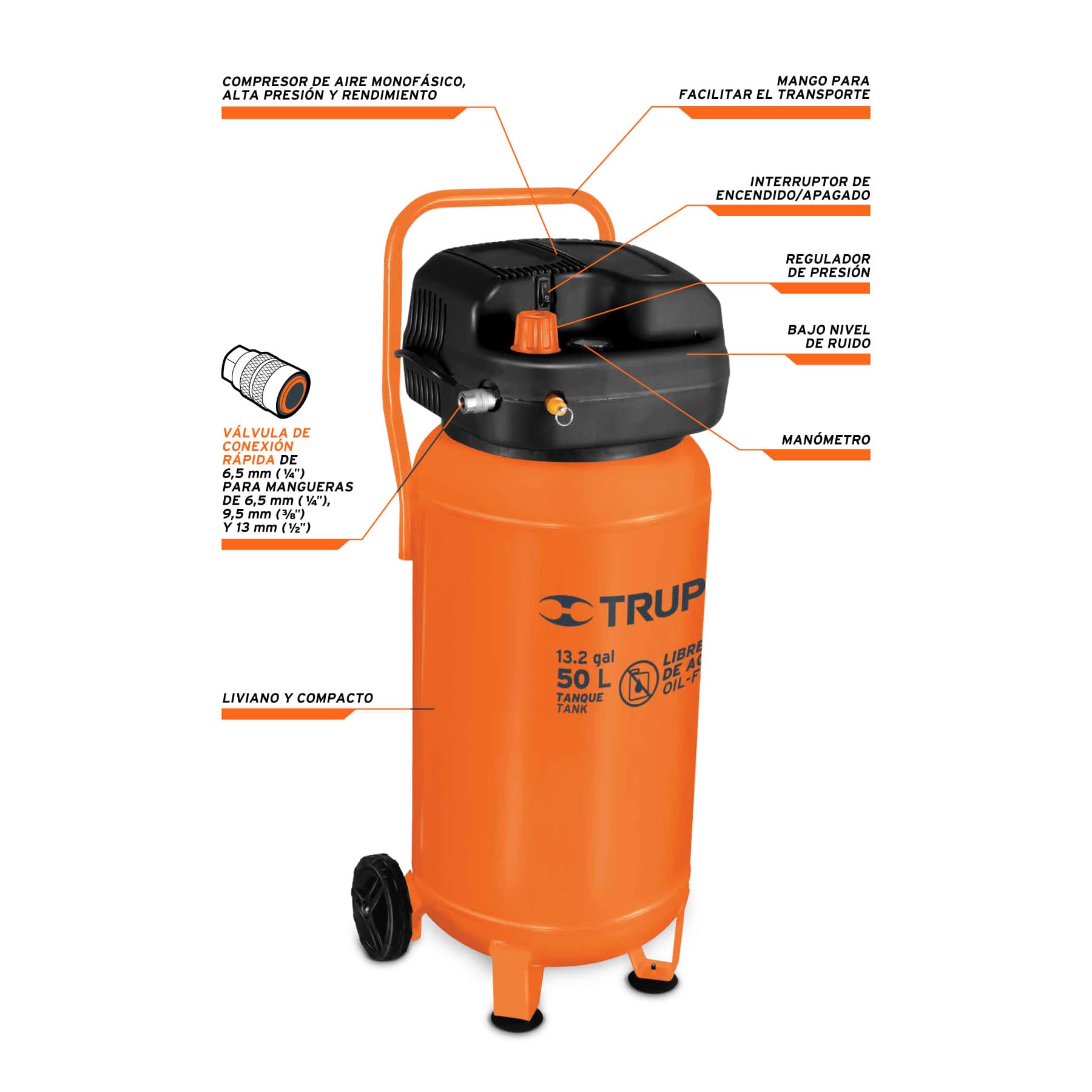 Foto 3 pulgar | Compresor de Aire Libre de Aceite Truper 13847 color Naranja 50 L 3 Hp