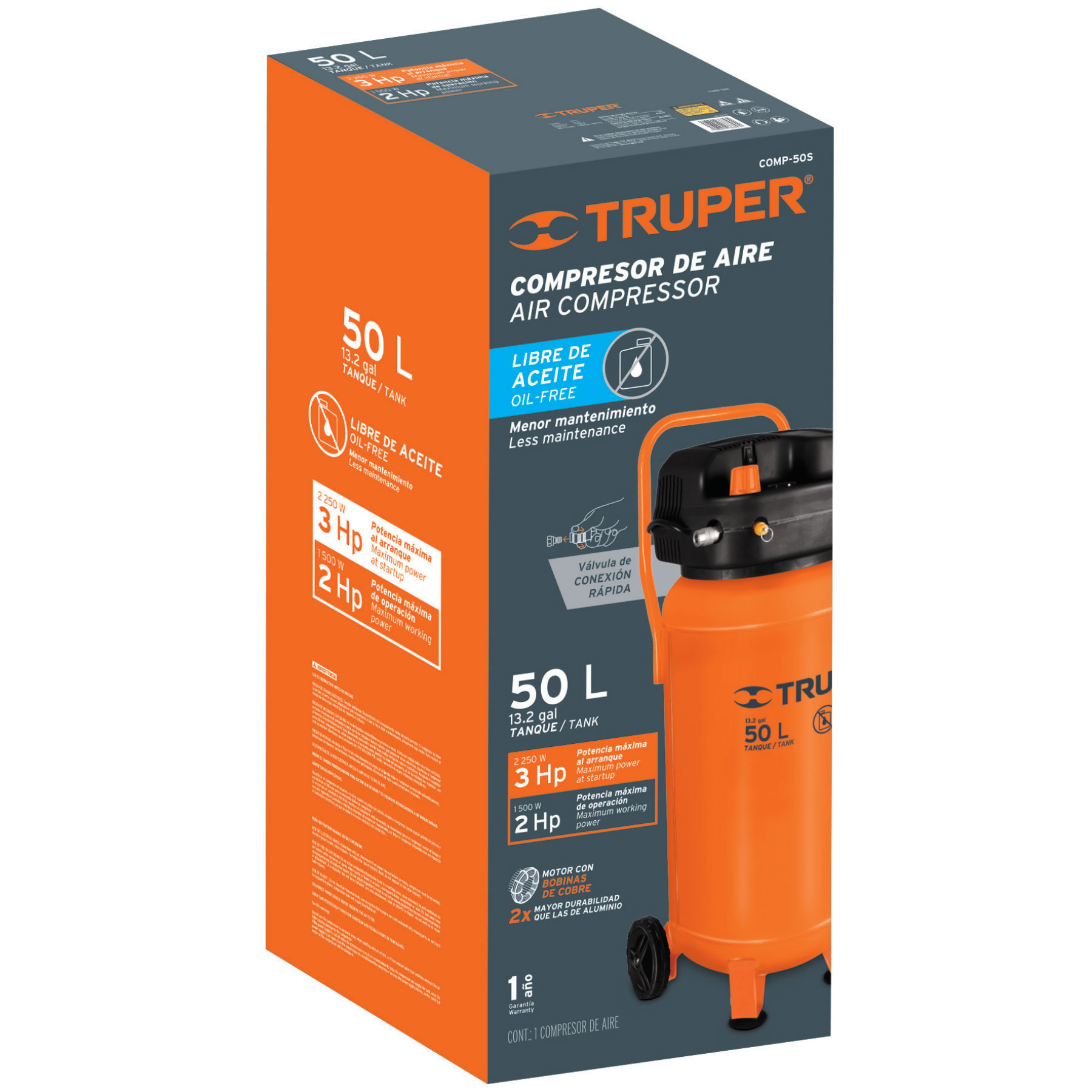 Foto 4 pulgar | Compresor de Aire Libre de Aceite Truper 13847 color Naranja 50 L 3 Hp