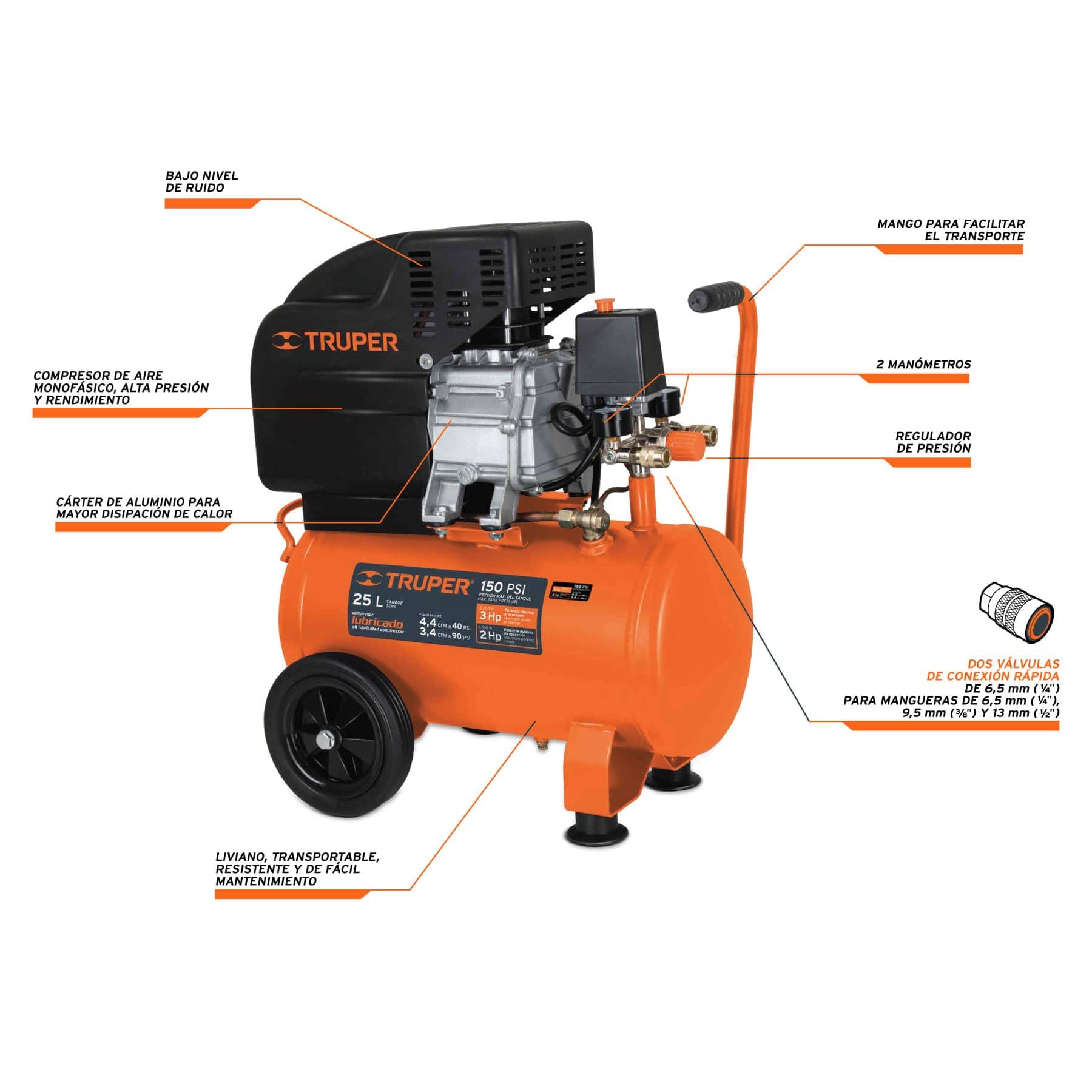 Foto 2 | Compresor Truper 15006 color Naranja Horizontal 25 l de 3 Hp Potencia Máxima 127 V