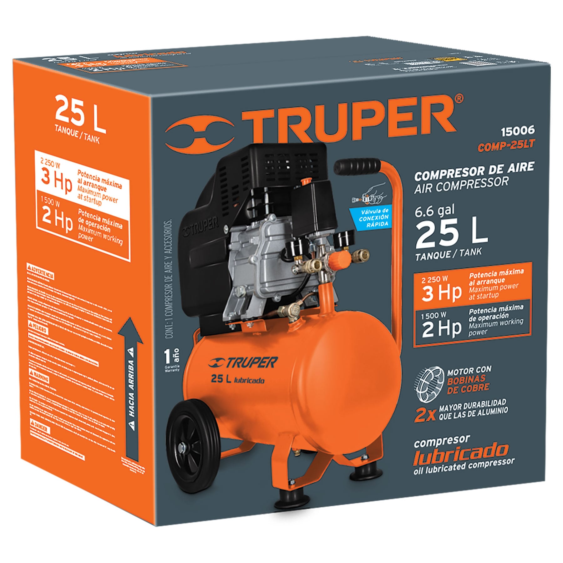 Foto 3 | Compresor Truper 15006 color Naranja Horizontal 25 l de 3 Hp Potencia Máxima 127 V