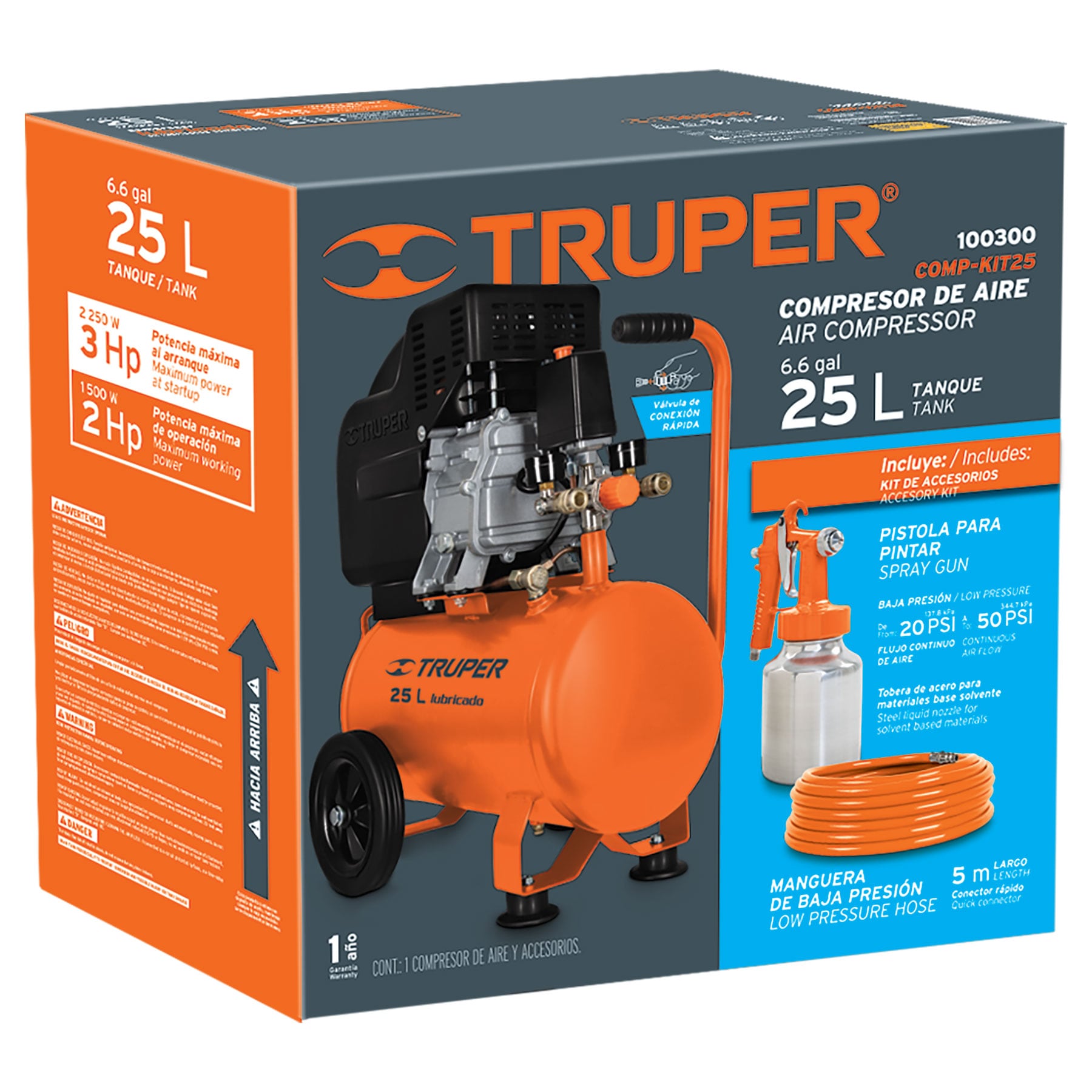 Foto 3 pulgar | Kit de Compresor Truper 100300 color Naranja 25L 3 HP Manguera de PVC Pistola