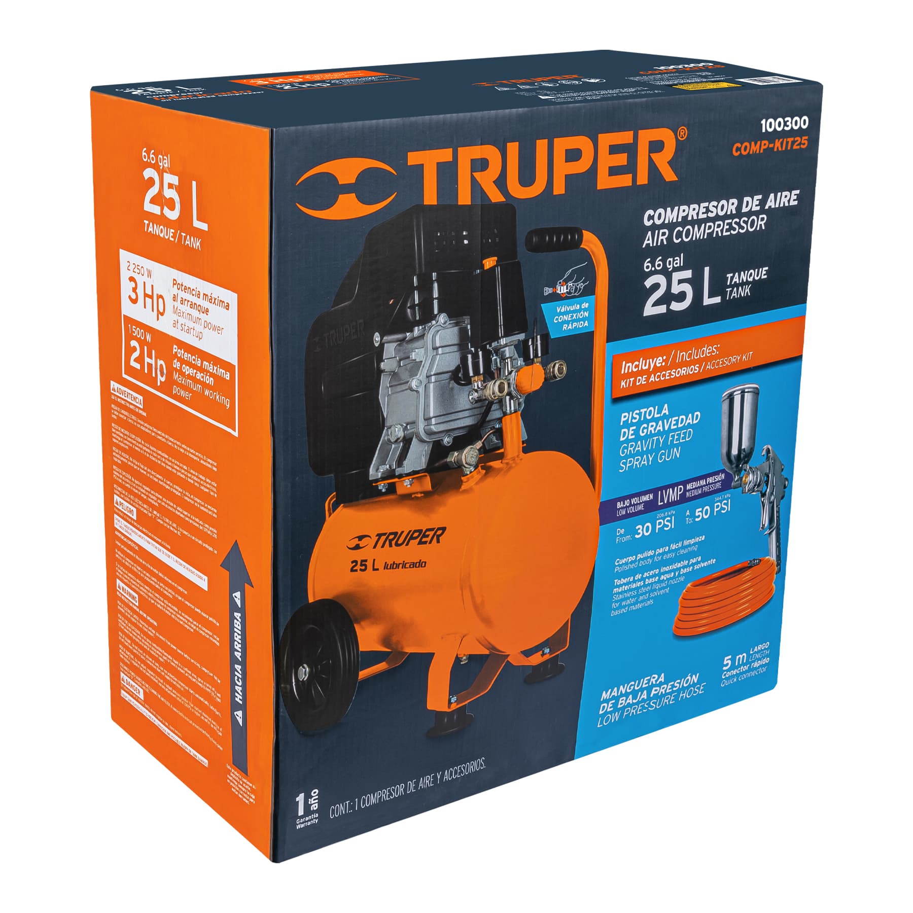 Foto 5 pulgar | Kit de Compresor Truper 100300 color Naranja 25L 3 HP Manguera de PVC Pistola