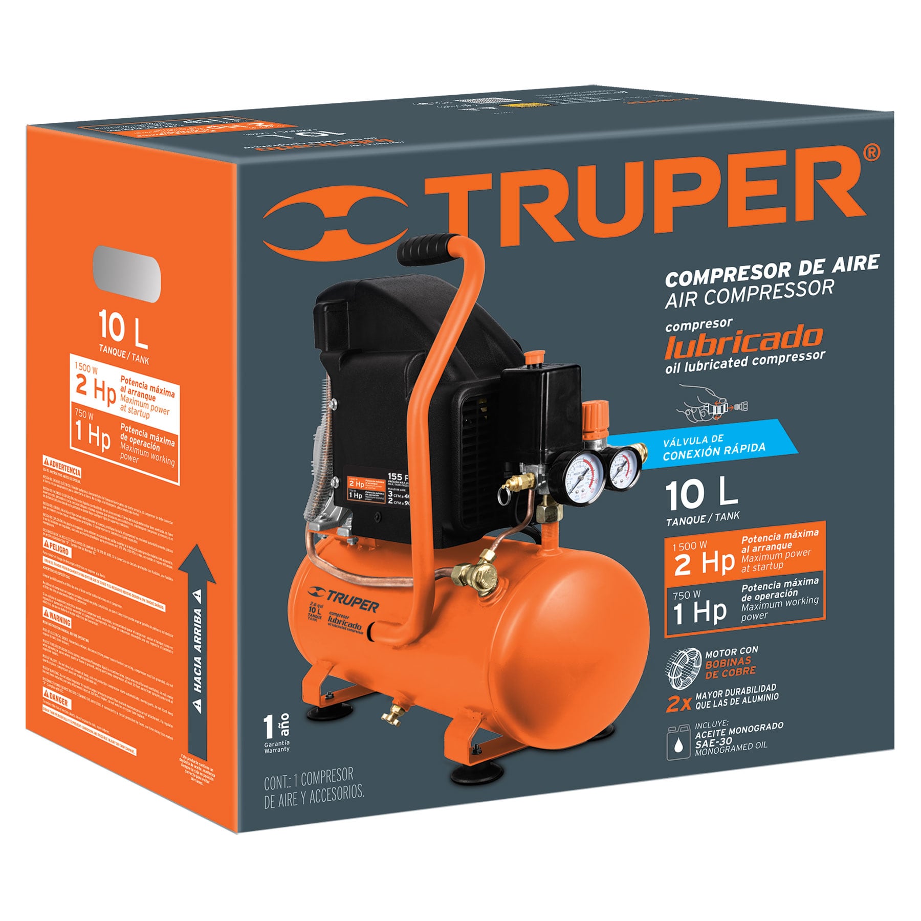 Foto 2 | Compresor Truper 19215 color Naranja Horizontal 10L 2 HP Potencia Máxima 127 V