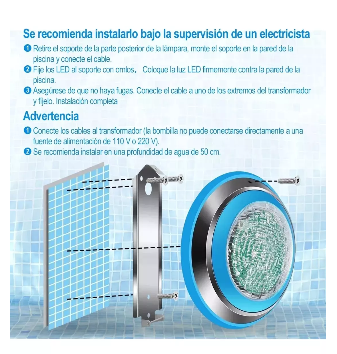 Foto 5 | Luz Led Para Piscina 12v 24w Rgb Con Control Remoto Azul Plata