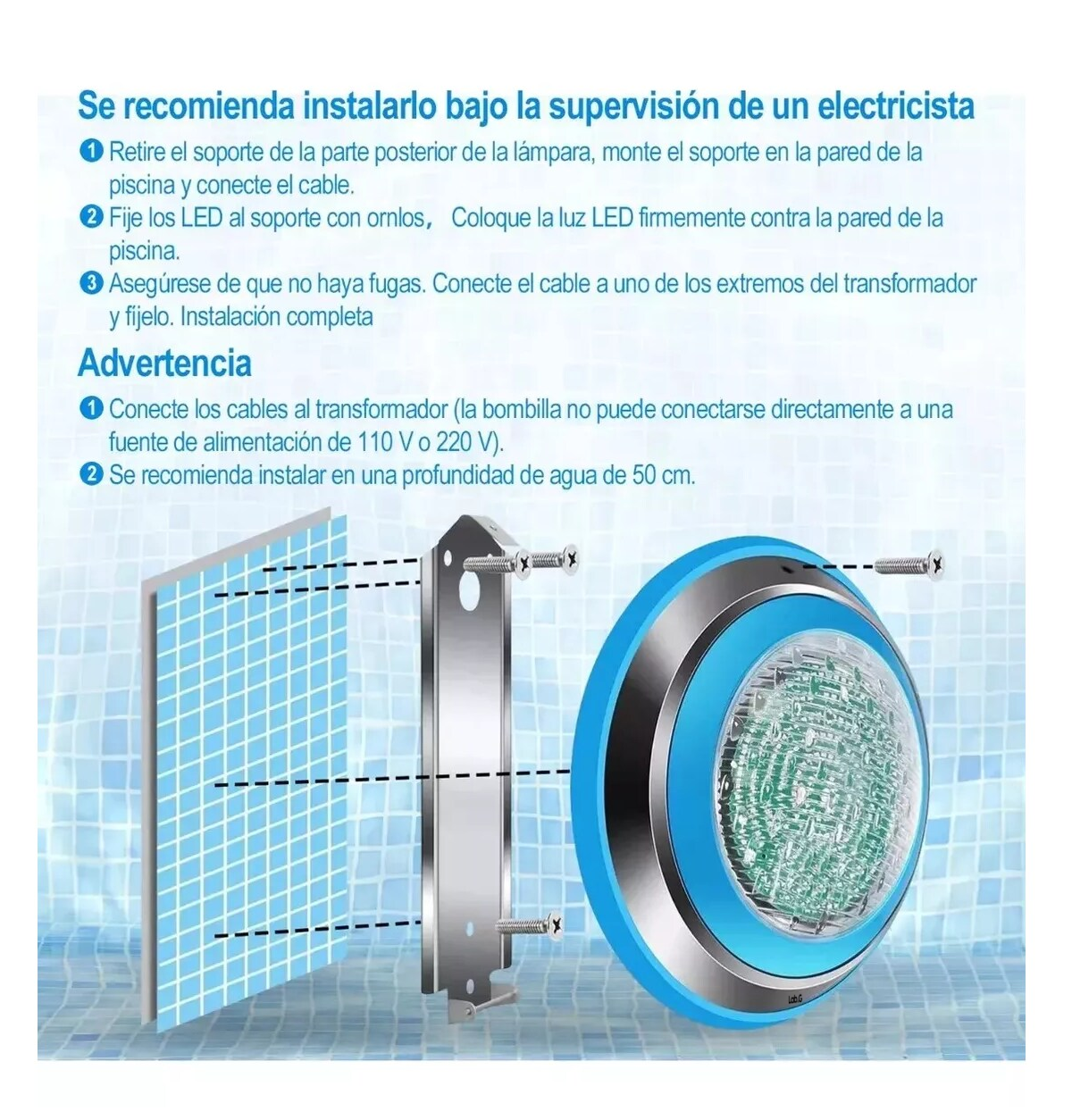 Foto 5 | Luz Led Para Piscina 12v 24w Rgb Con Control Remoto Azul Plata