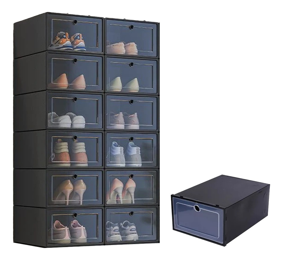 12pcs Organizadores Apilables Para Zapatos Cajas De Plastico, Negro