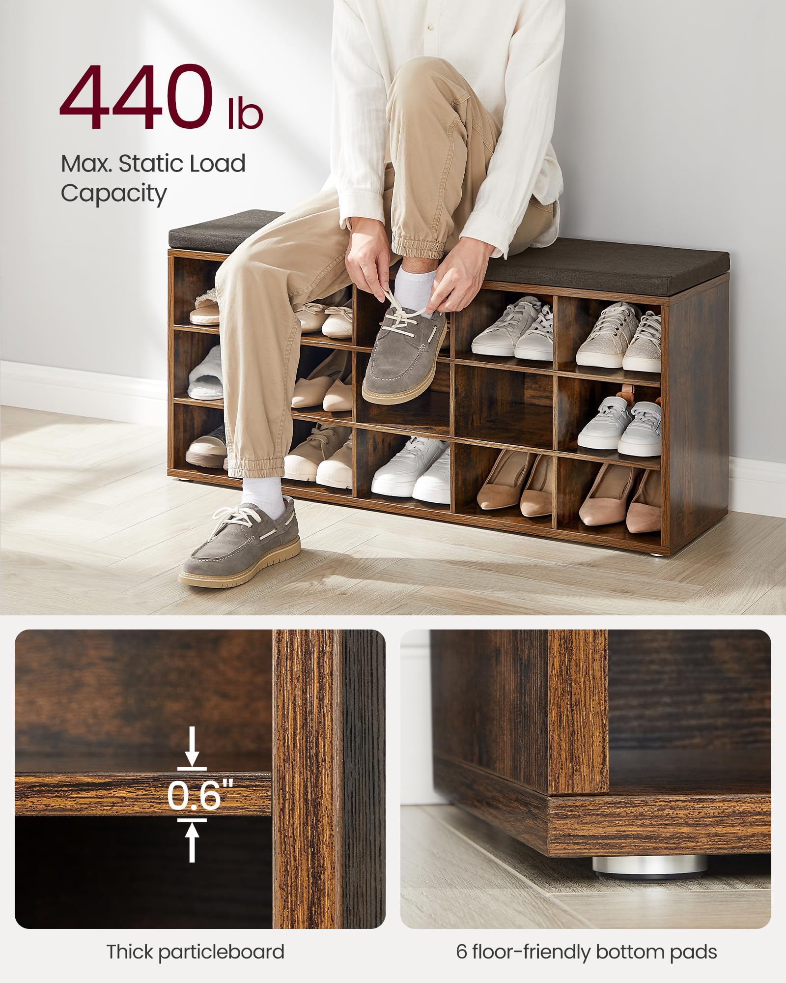Foto 4 | Banco Para Zapatos Vasagle Con Cojín Y 15 Compartimentos, Color Marrón - Venta Internacional.