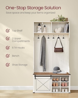 Foto 3 | Hall Tree Vasagle Con Banco Y Espacio Para Guardar Zapatos, Blanco Rústico/ - Venta Internacional.