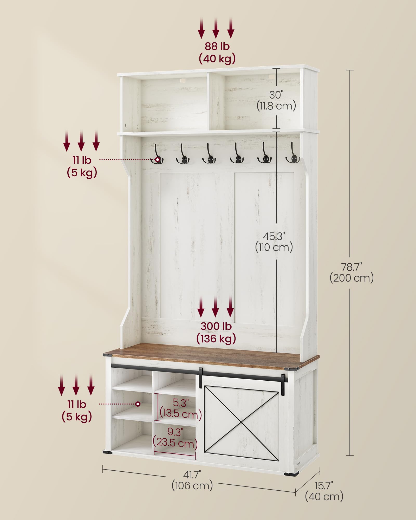 Foto 6 | Hall Tree Vasagle Con Banco Y Espacio Para Guardar Zapatos, Blanco Rústico/ - Venta Internacional.