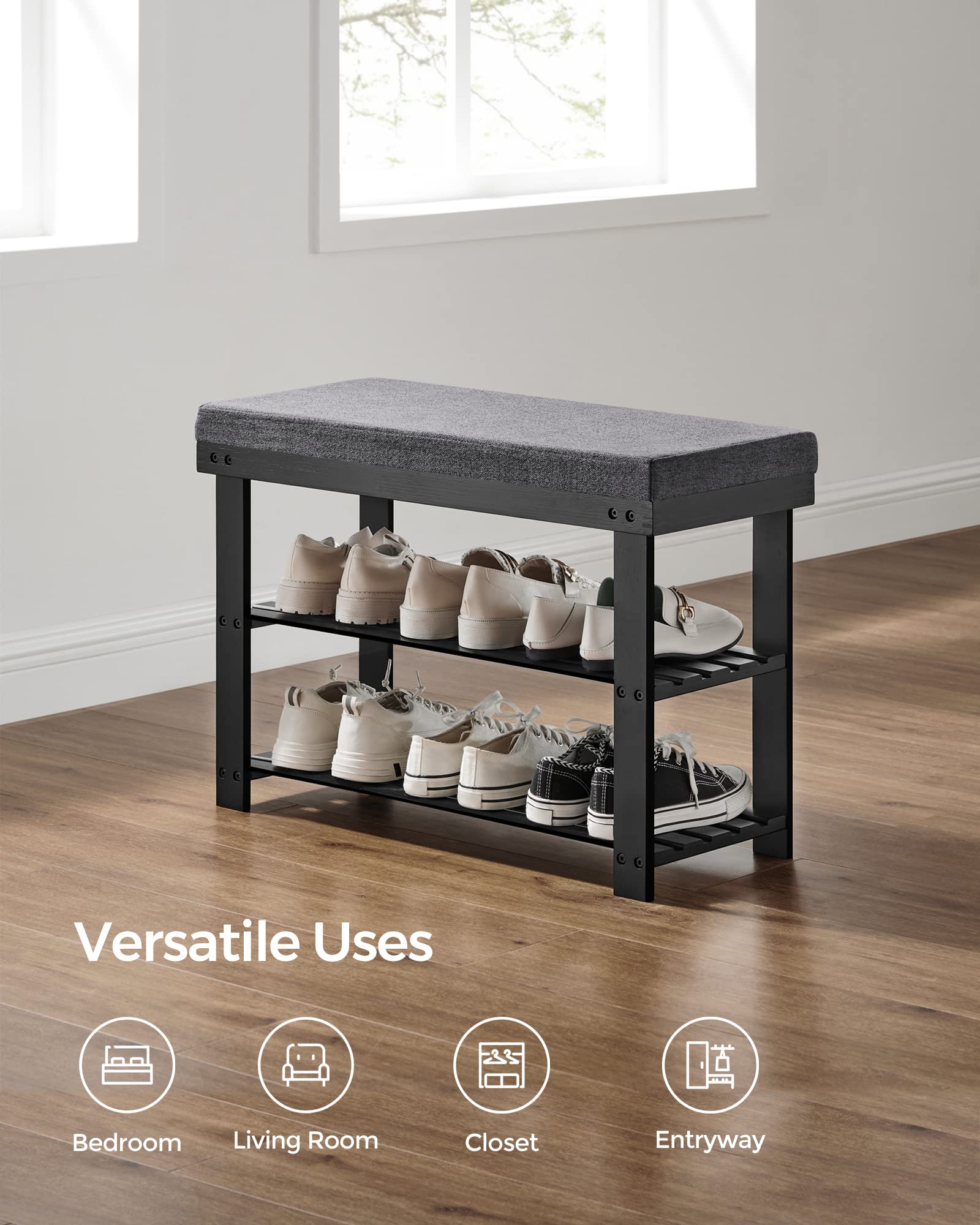 Foto 7 | Banco Para Zapatos Songmics, 3 Niveles, Bambú, 150 Kg, Negro Y Gris - Venta Internacional.
