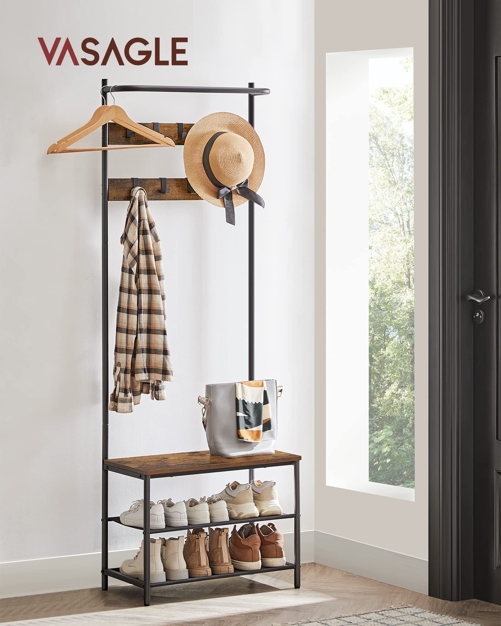 Foto 2 | Hall Tree Vasagle Con Banco Y Espacio Para Guardar Zapatos, Rústico, Marrón - Venta Internacional.