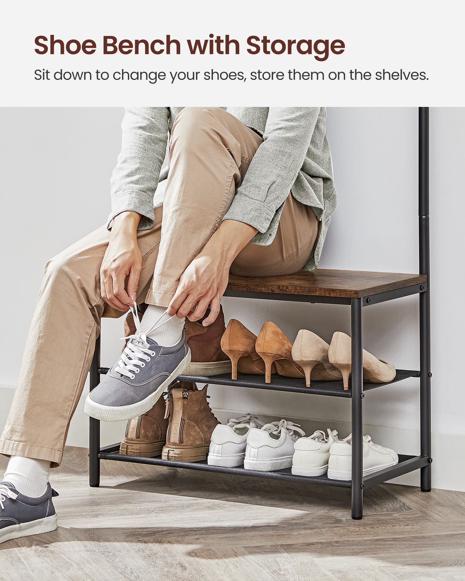 Foto 5 | Hall Tree Vasagle Con Banco Y Espacio Para Guardar Zapatos, Rústico, Marrón - Venta Internacional.