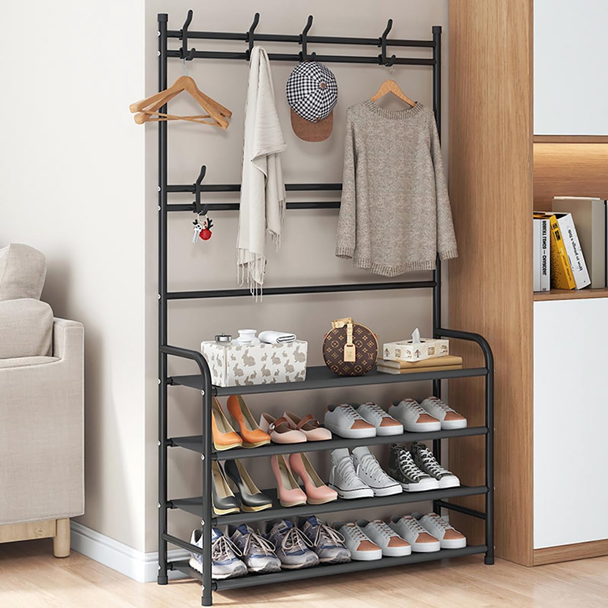 Foto 8 pulgar | Zapatero Con Perchero Para Entrada De 4 Niveles – Organizador Multifuncional Para Zapatos, Ropa, Bolsos Y Accesorios